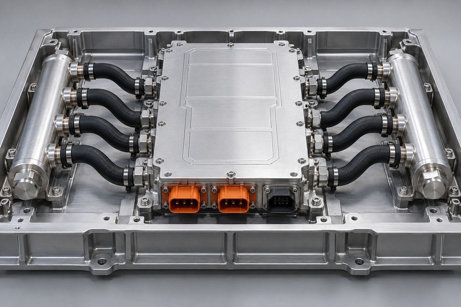 Illustrative cooling manifold electronics assembly concept, not documentary company or customer photography
