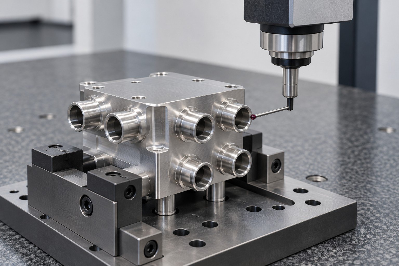 Illustrative cooling manifolds dimensional inspection concept, not a customer part