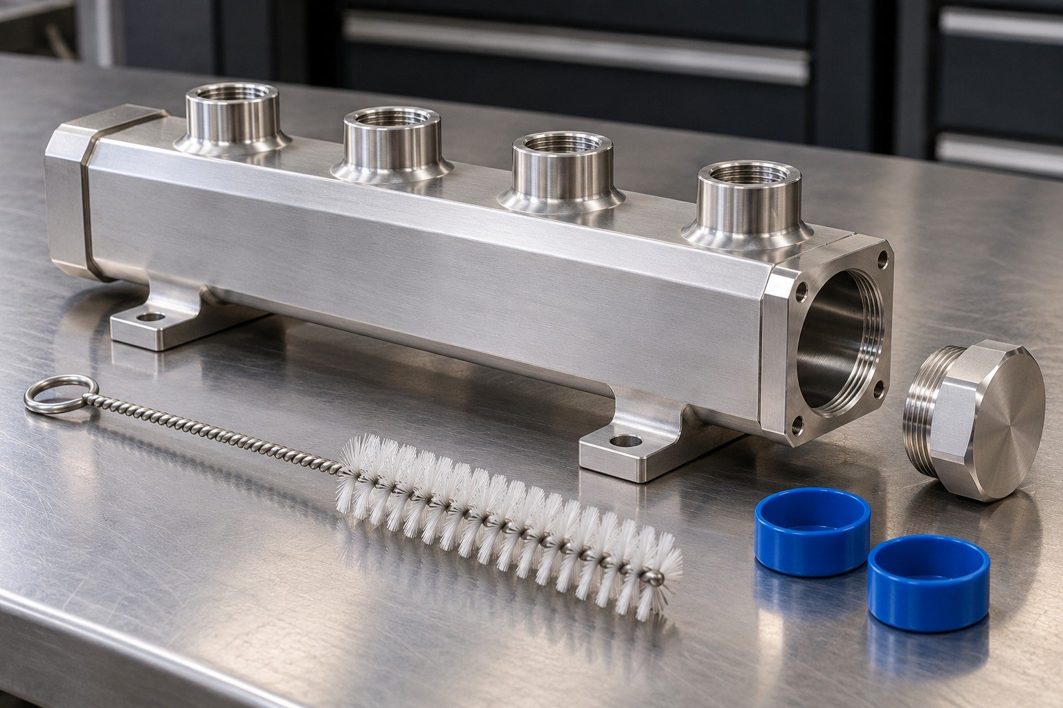 Illustrative cleanliness and closures review for a cooling manifold concept, not documentary company or customer photography