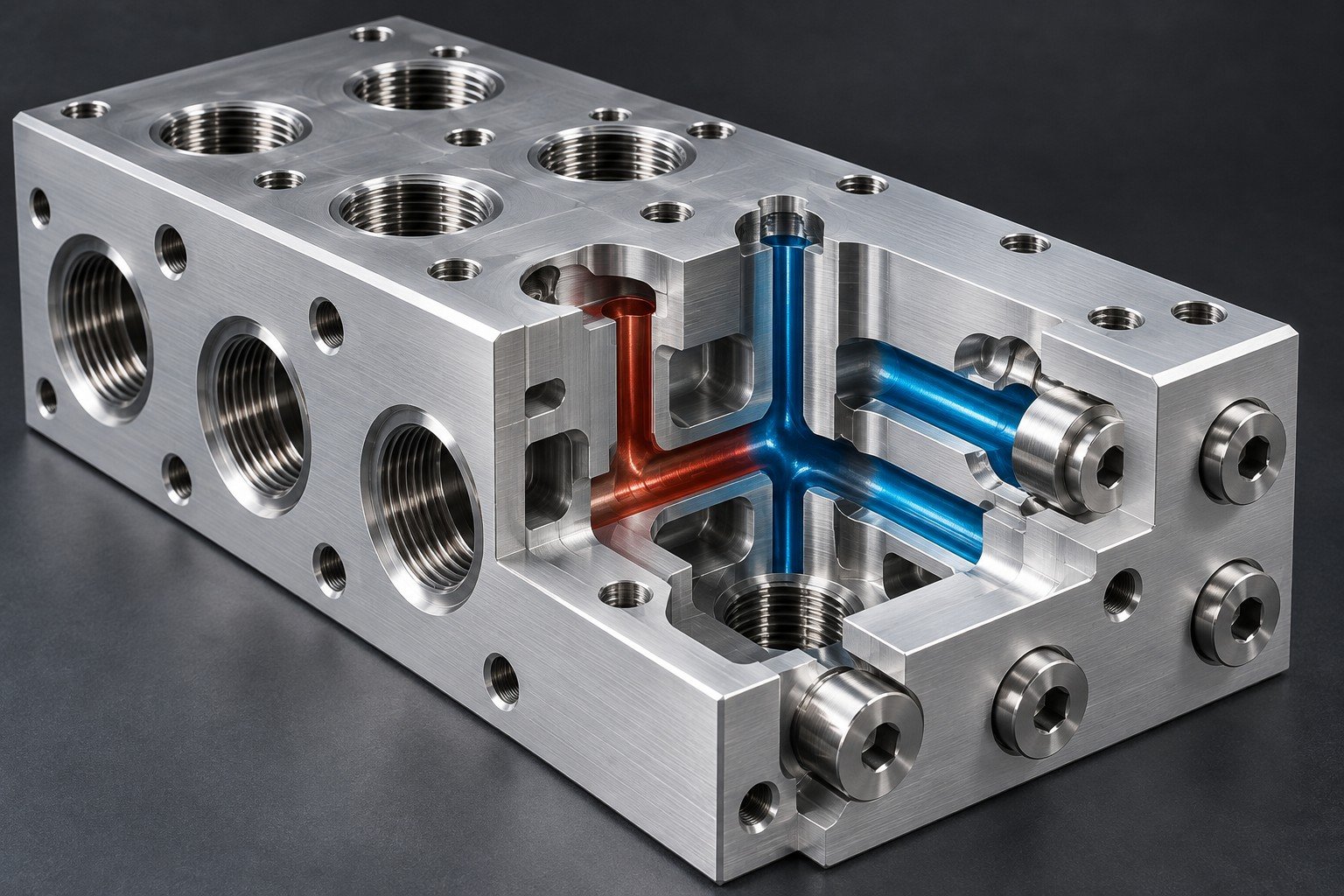 Illustrative machined distribution block concept, not documentary company or customer photography