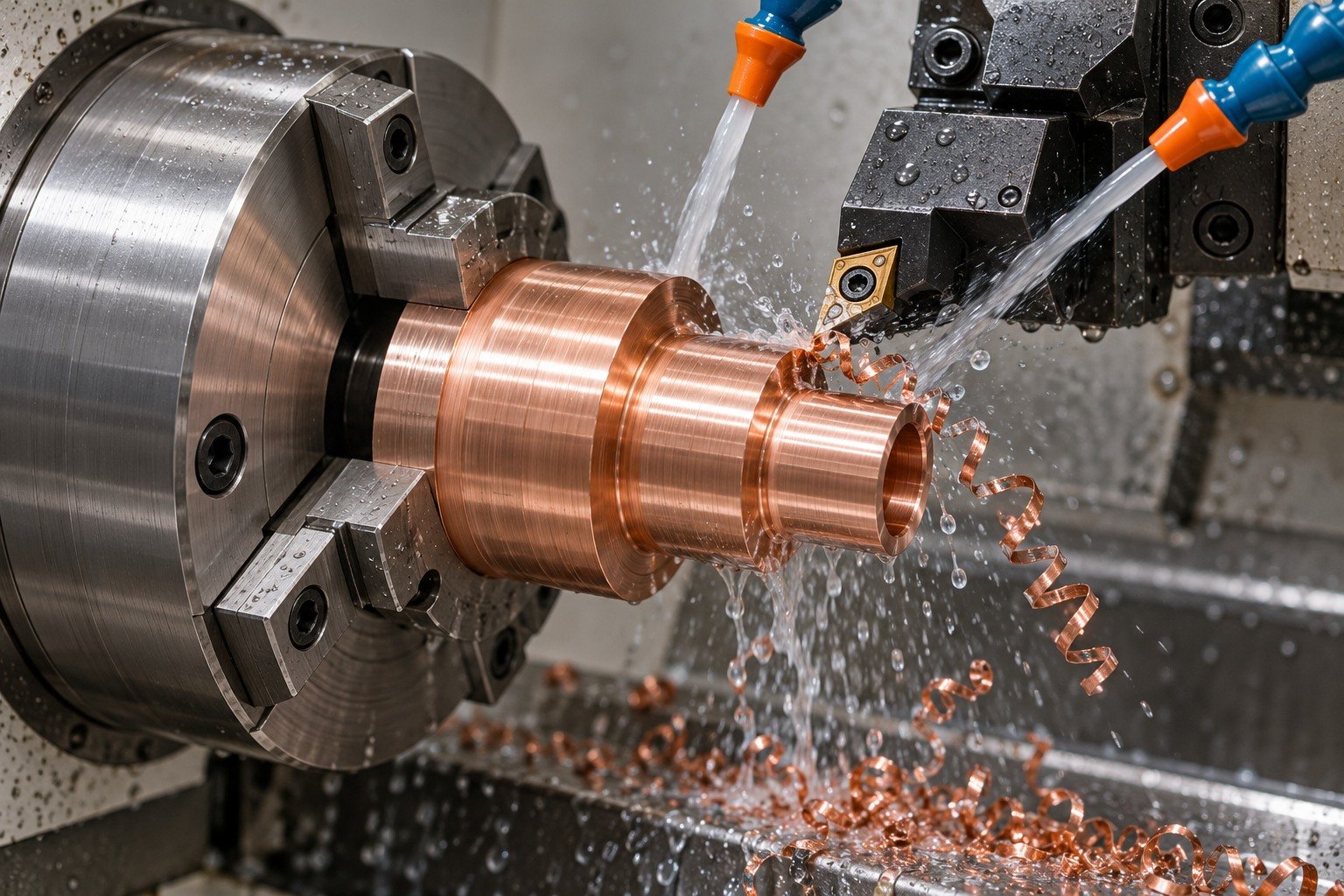 Wet turning of a copper contact concept — illustrative generated component concept