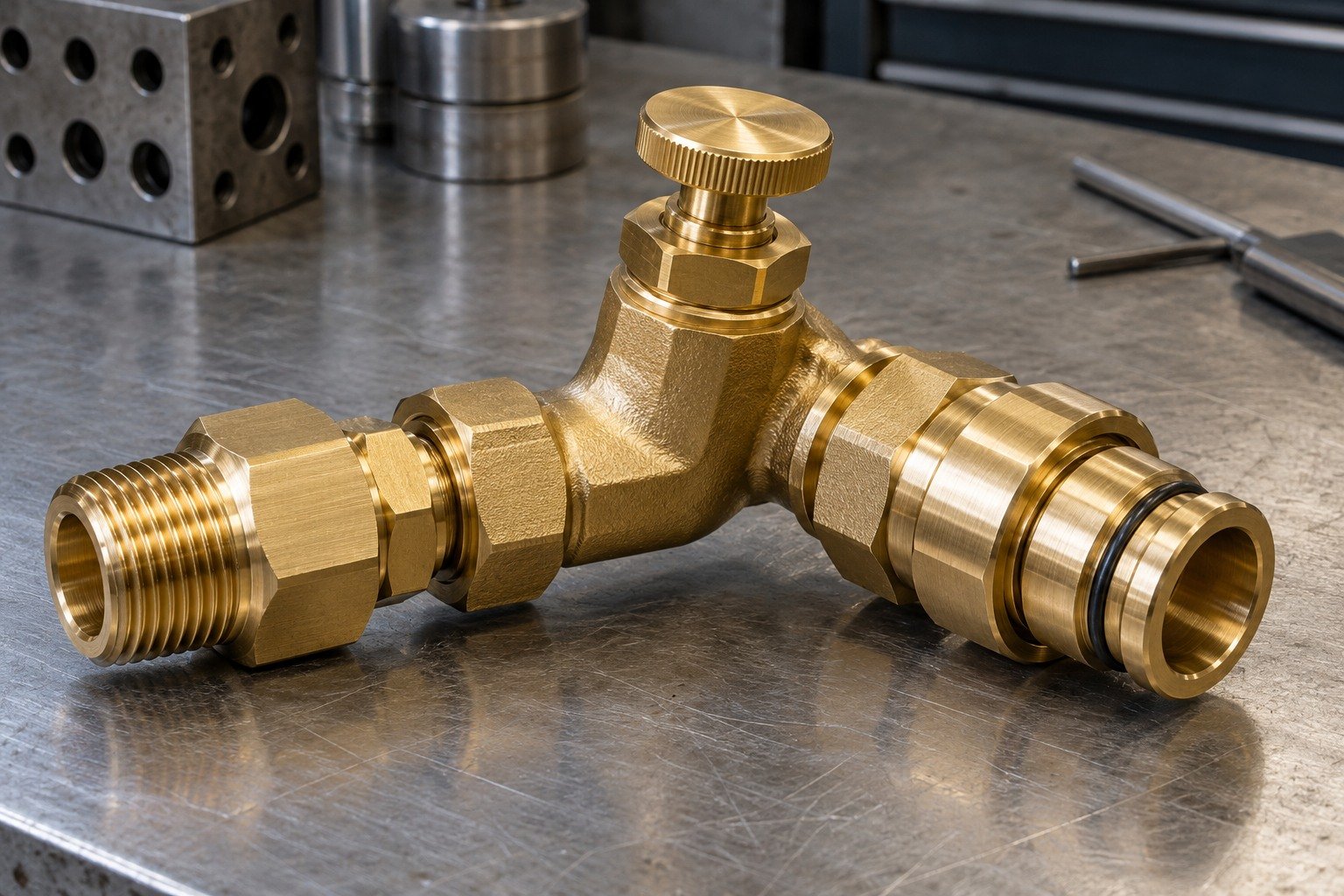 Three gold brass fluid-control components — illustrative generated component concept