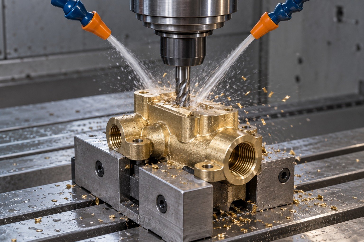 Four-flute end mill cutting an open flat mounting land on a compact gold brass valve body held in soft jaws; two cutting-fluid jets, realistic short chips, visible spindle connection. — illustrative generated component concept