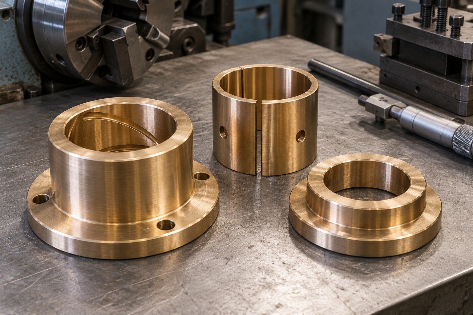 Three bronze bearing and wear components — illustrative generated component concept
