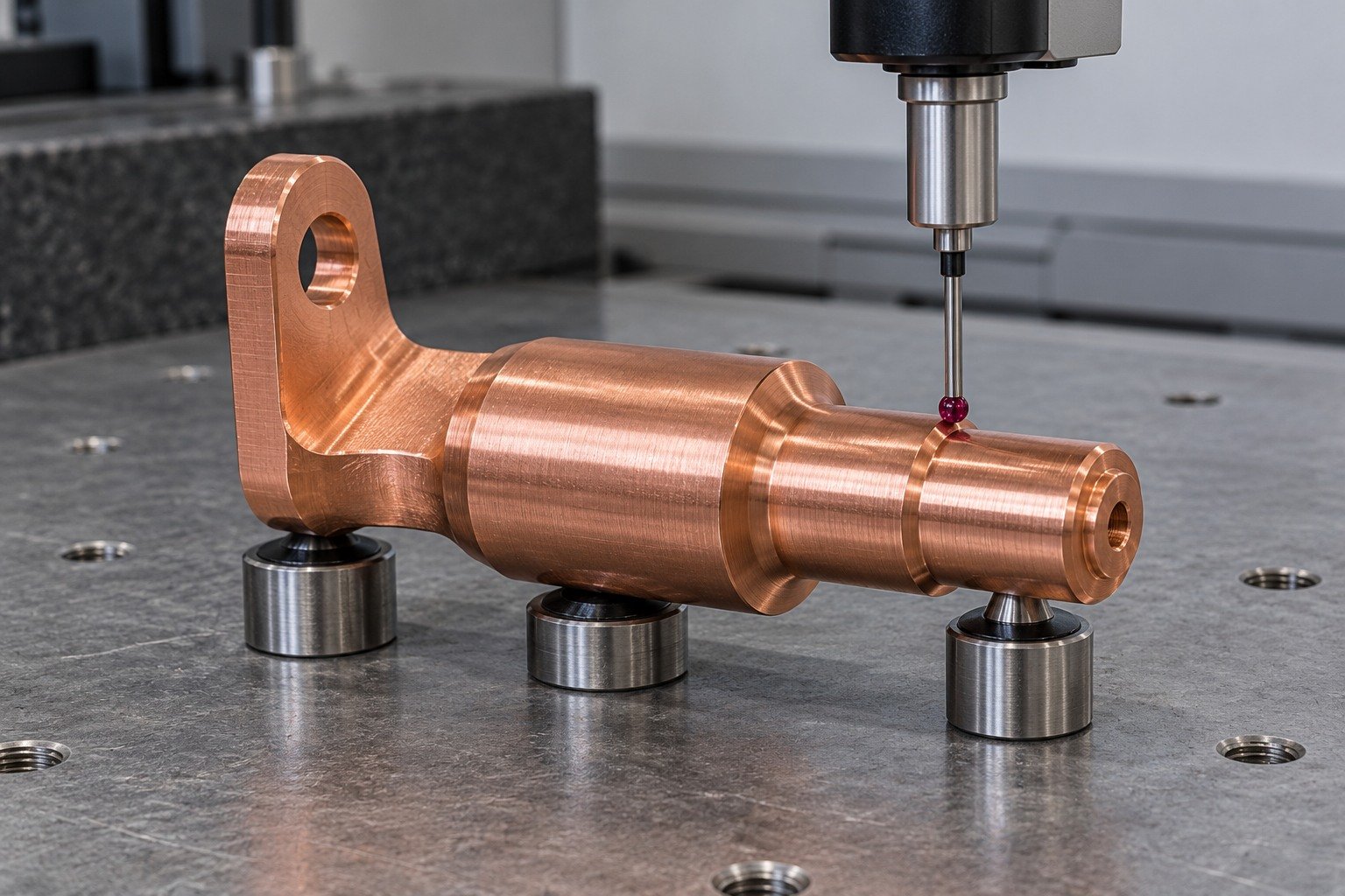 CMM dimensional inspection of bright red copper stepped cylindrical electrical contact with offset mounting ear; a single physically connected red ruby stylus touching one accessible datum, supported on three distinct pads, no floating probes. — illustrative generated component concept