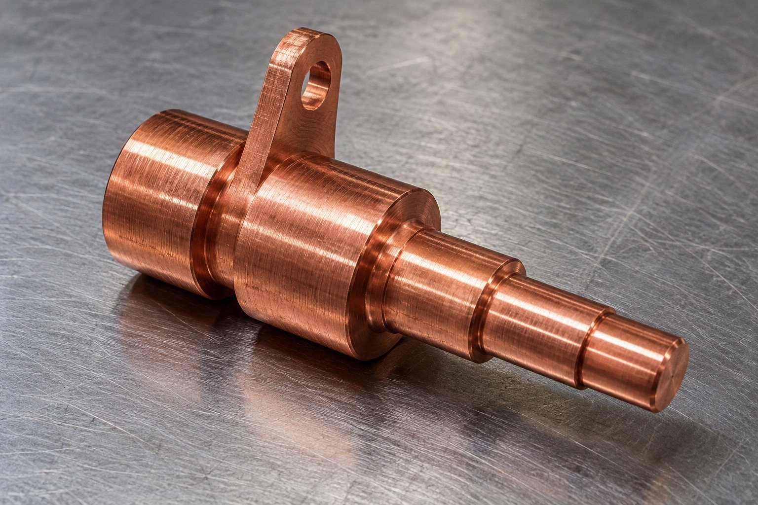 Studio industrial macro product photo of a single bright red copper stepped cylindrical electrical contact with offset mounting ear — illustrative generated component concept