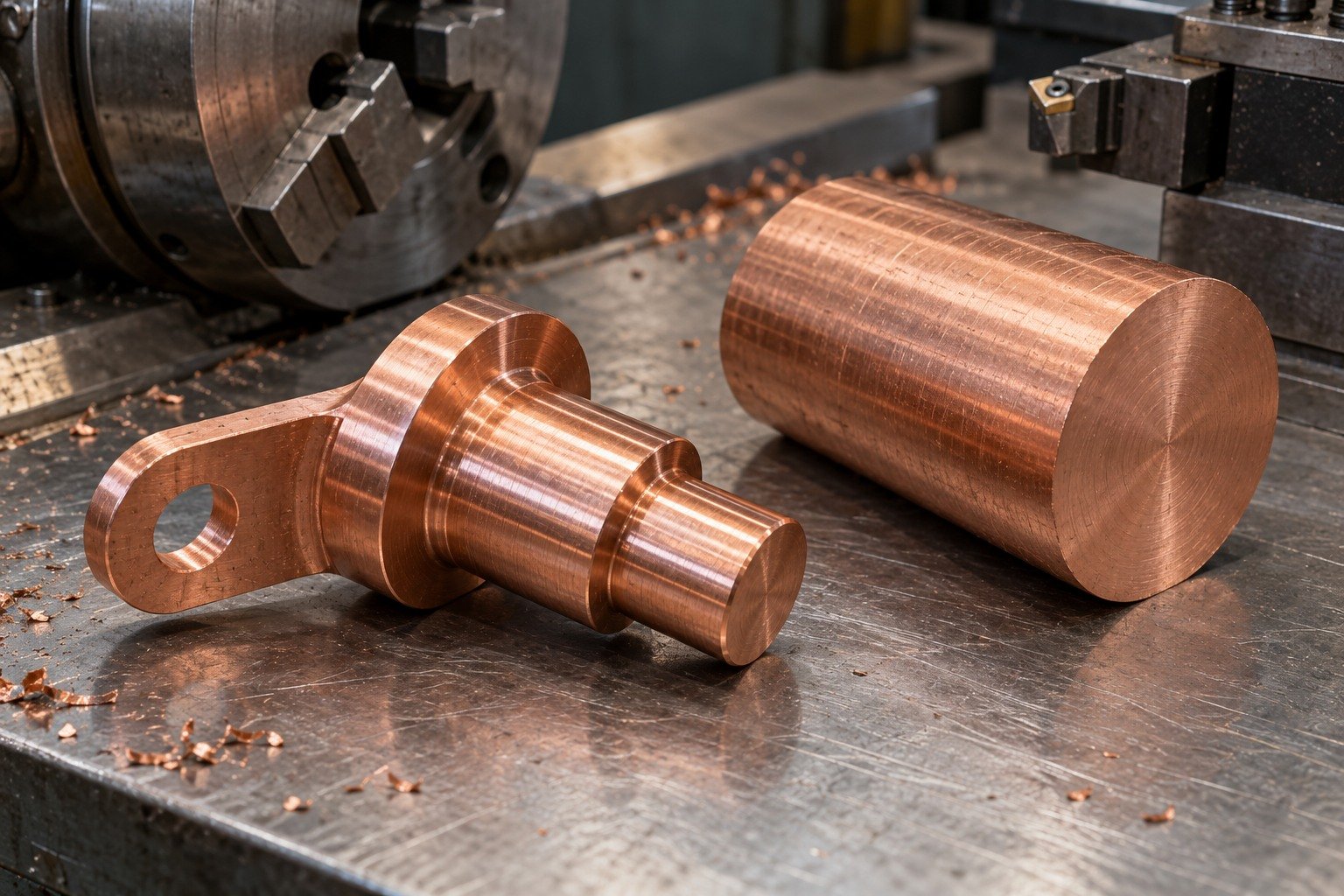 One bright red copper stepped cylindrical electrical contact with offset mounting ear, with adjacent separate matching stock blank, different low-angle composition. — illustrative generated component concept