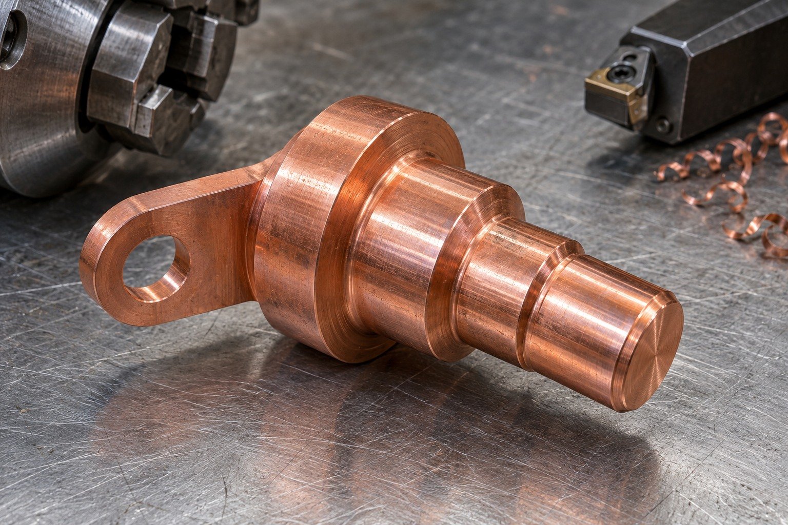 Surface and edge-detail macro of bright red copper stepped cylindrical electrical contact with offset mounting ear; visible sealing land or rounded functional edge, natural fine tool marks and realistic subtle discoloration, no labels. — illustrative generated component concept