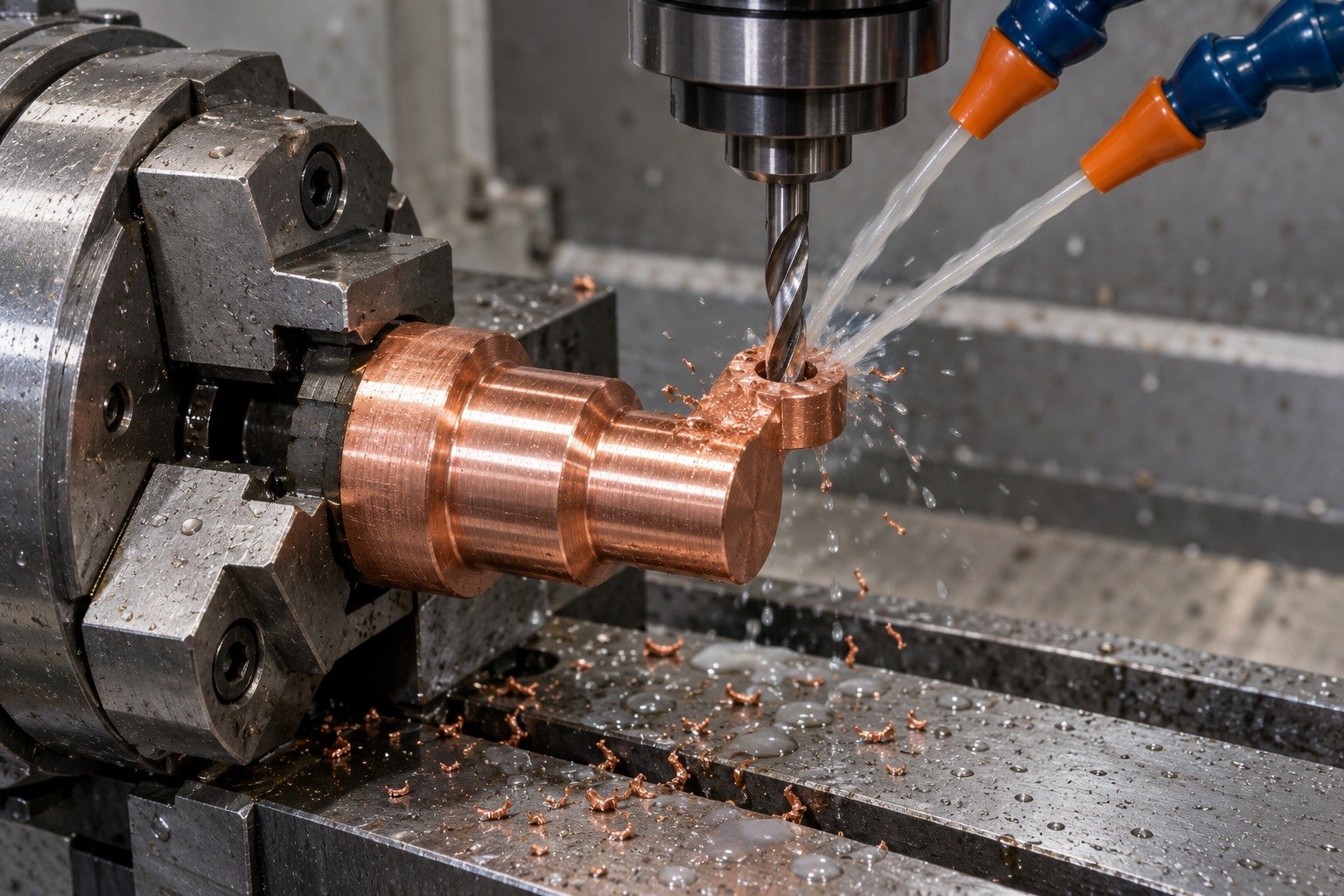 Technically plausible machining scene for bright red copper stepped cylindrical electrical contact with offset mounting ear — illustrative generated component concept