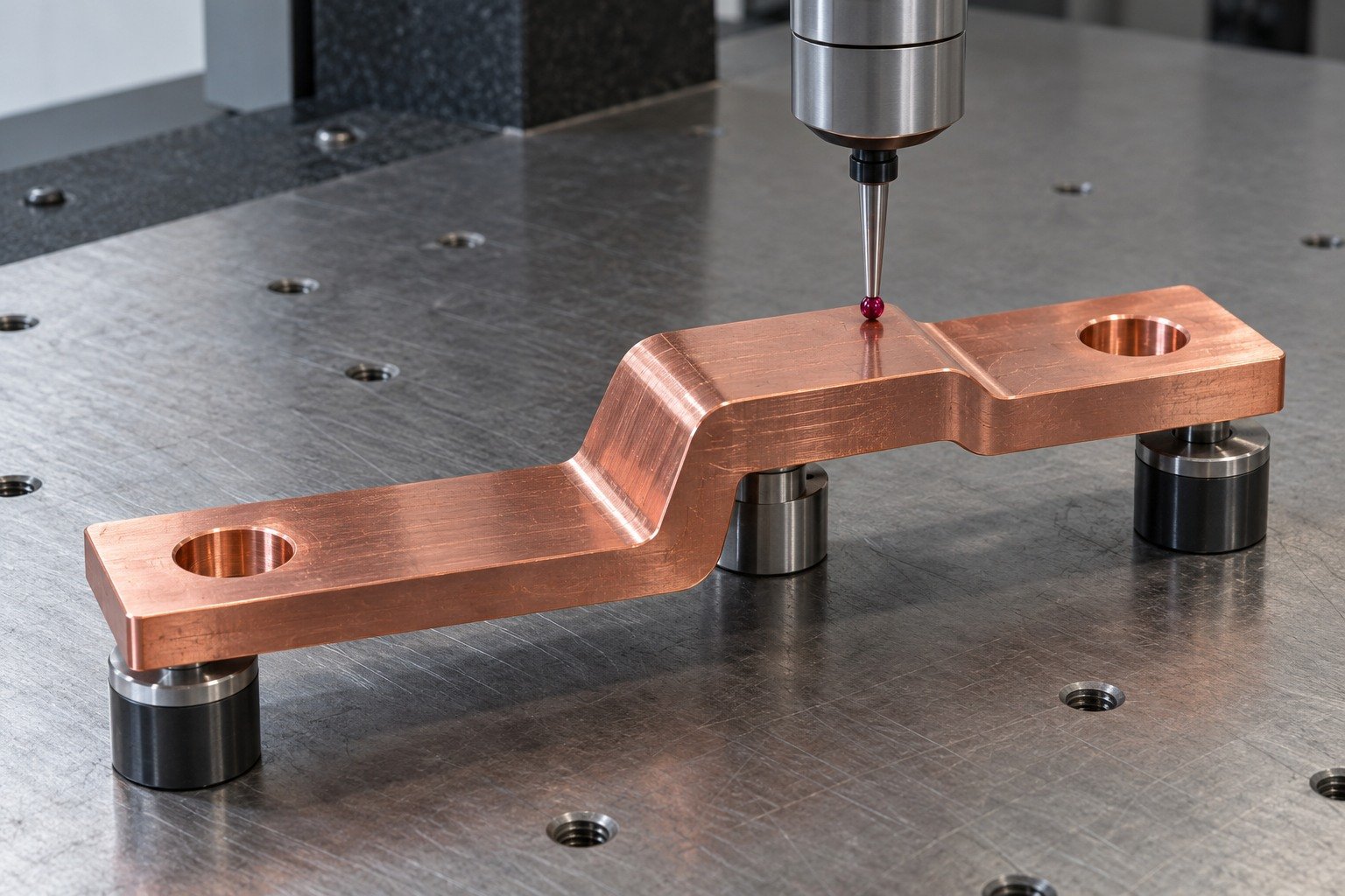 CMM dimensional inspection of red copper offset rectangular electrical busbar with cross-drilled terminal holes; a single physically connected red ruby stylus touching one accessible datum, supported on three distinct pads, no floating probes. — illustrative generated component concept
