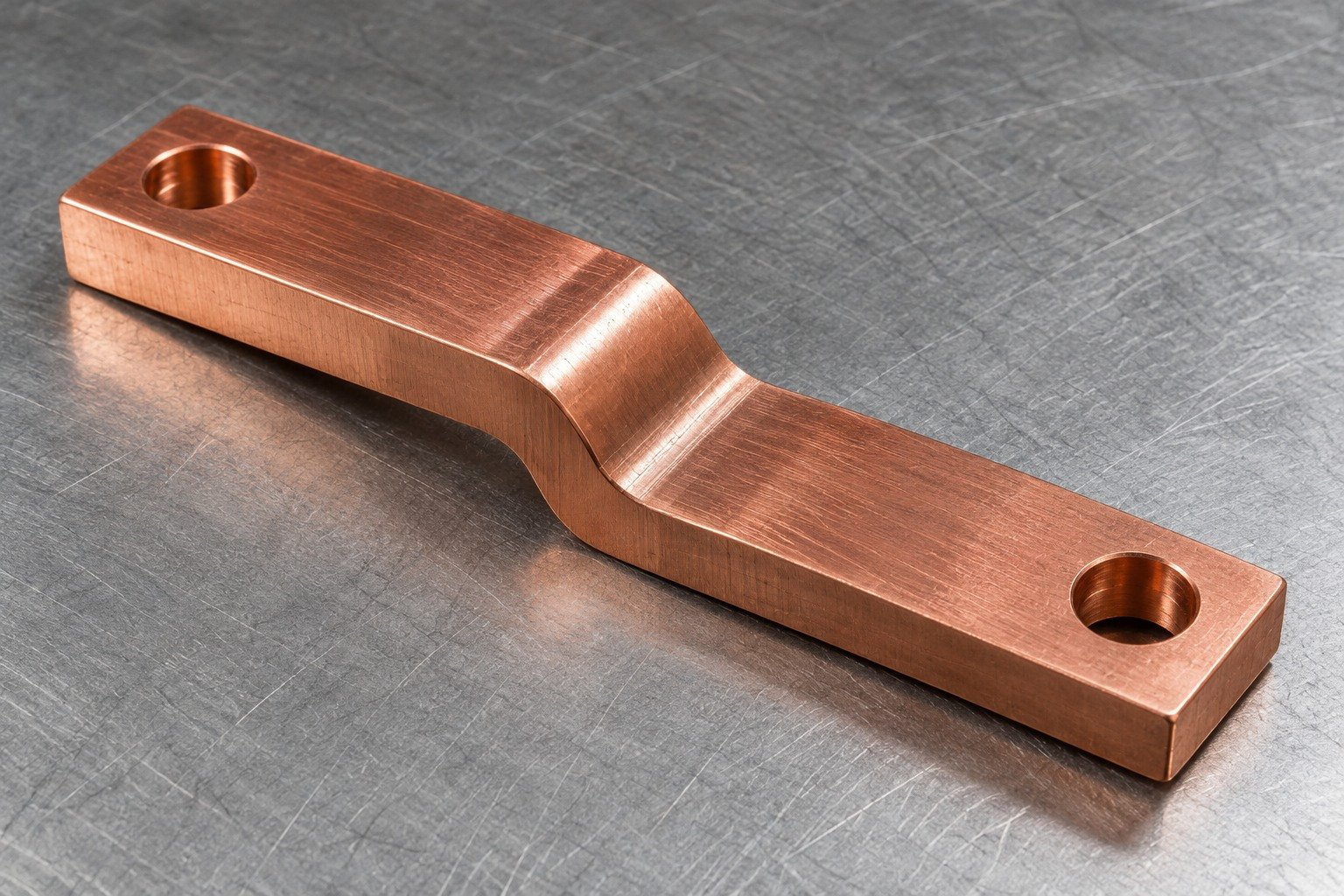Studio industrial macro product photo of a single red copper offset rectangular electrical busbar with cross-drilled terminal holes — illustrative generated component concept
