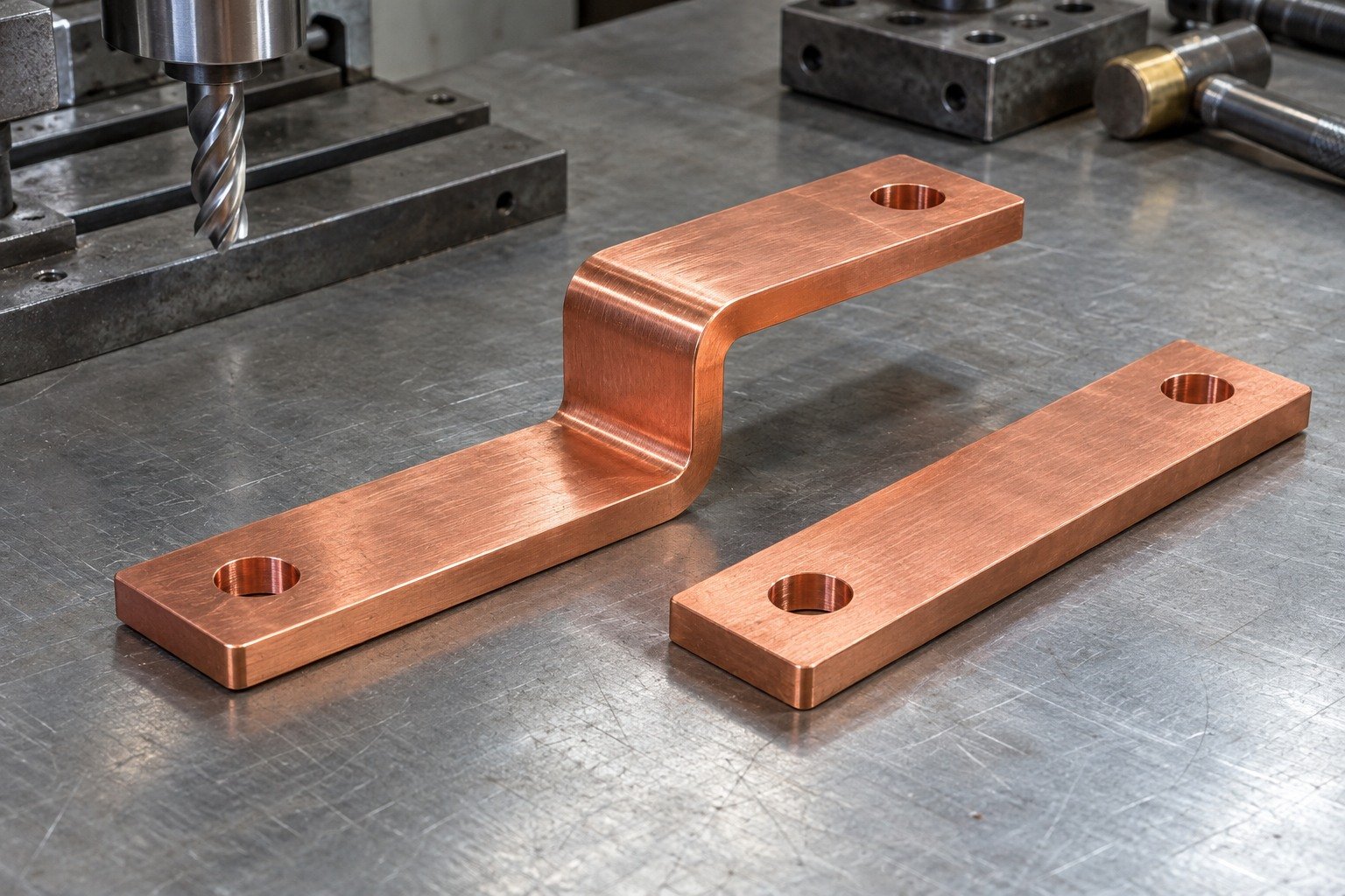 One red copper offset rectangular electrical busbar with cross-drilled terminal holes, with adjacent separate matching stock blank, different low-angle composition. — illustrative generated component concept