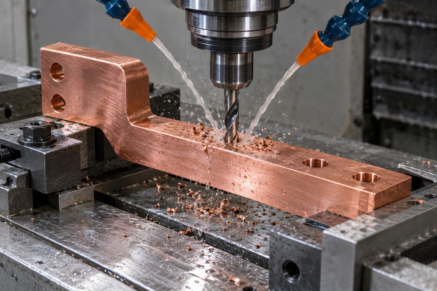 Technically plausible machining scene for red copper offset rectangular electrical busbar with cross-drilled terminal holes — illustrative generated component concept