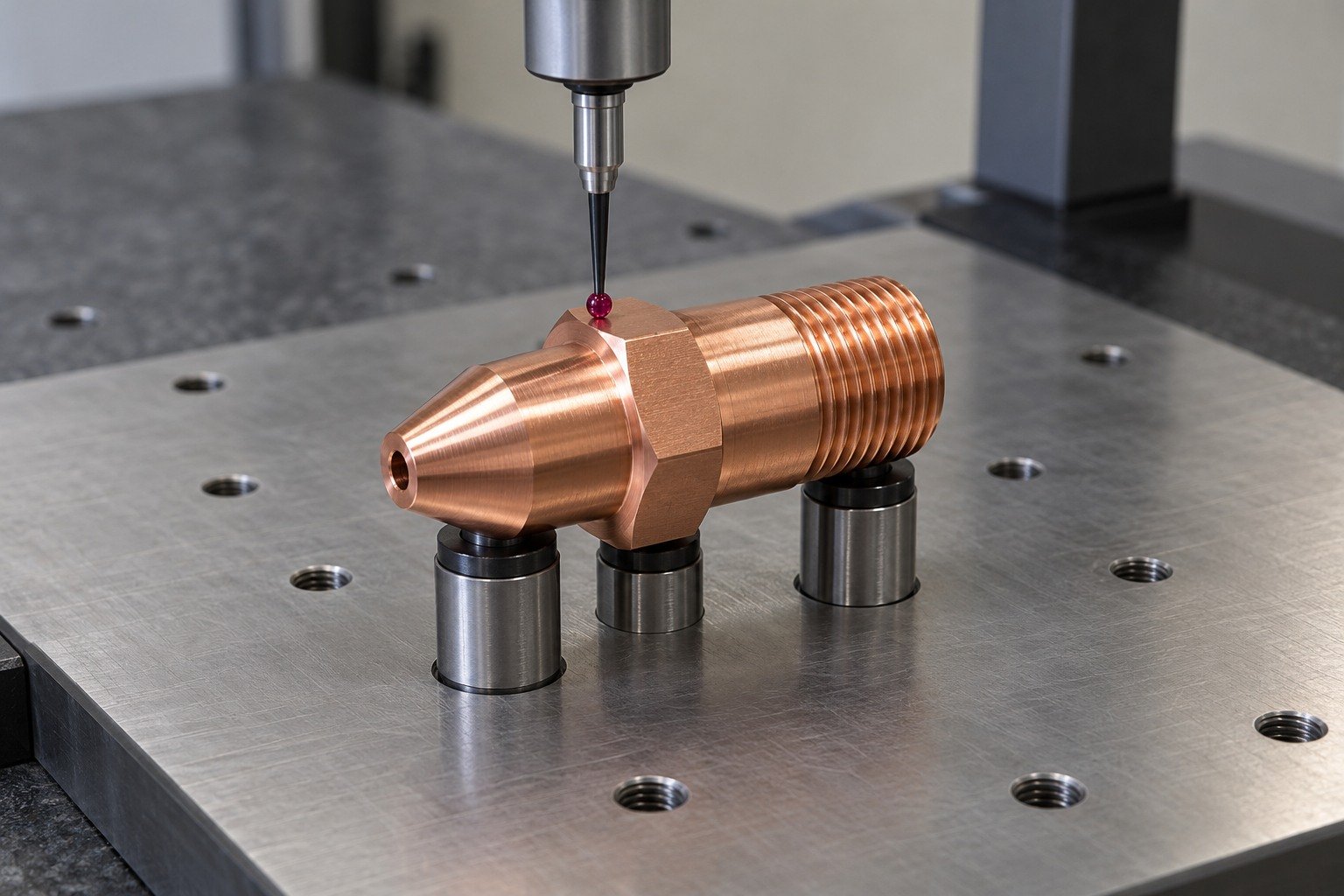 CMM dimensional inspection of salmon copper turned nozzle body with hexagonal shoulder and fine external thread; a single physically connected red ruby stylus touching one accessible datum, supported on three distinct pads, no floating probes. — illustrative generated component concept