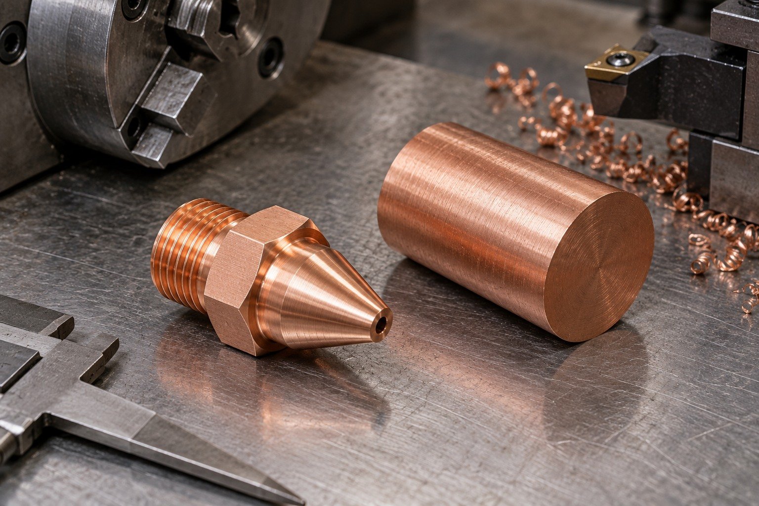 One salmon copper turned nozzle body with hexagonal shoulder and fine external thread, with adjacent separate matching stock blank, different low-angle composition. — illustrative generated component concept