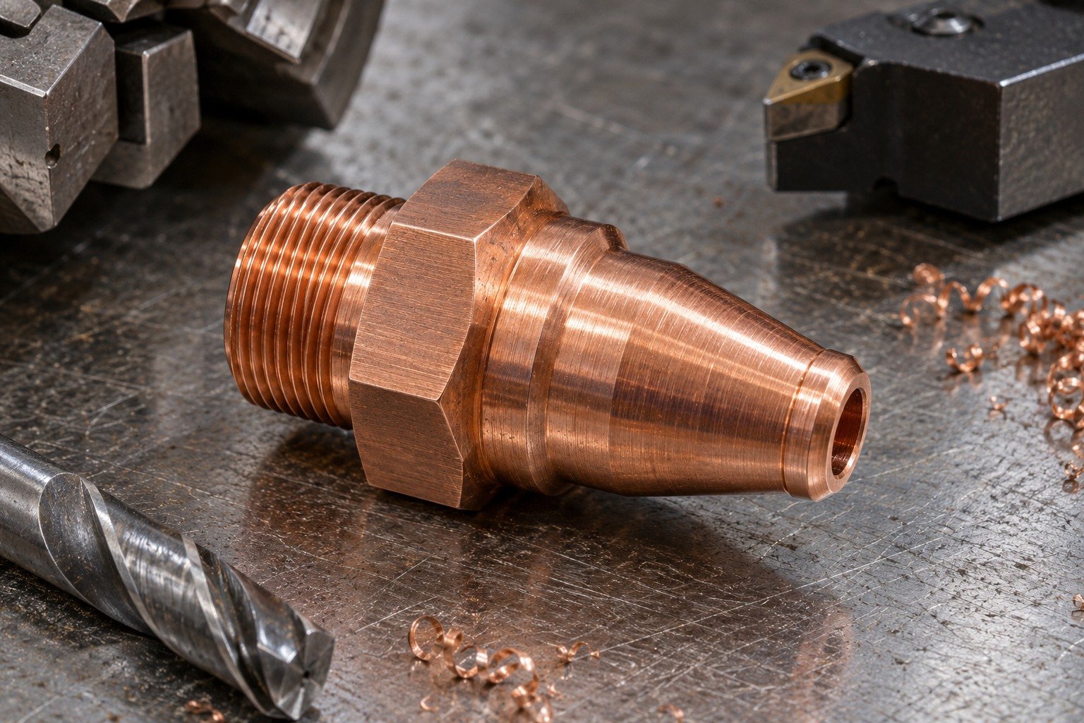 Surface and edge-detail macro of salmon copper turned nozzle body with hexagonal shoulder and fine external thread; visible sealing land or rounded functional edge, natural fine tool marks and realistic subtle discoloration, no labels. — illustrative generated component concept