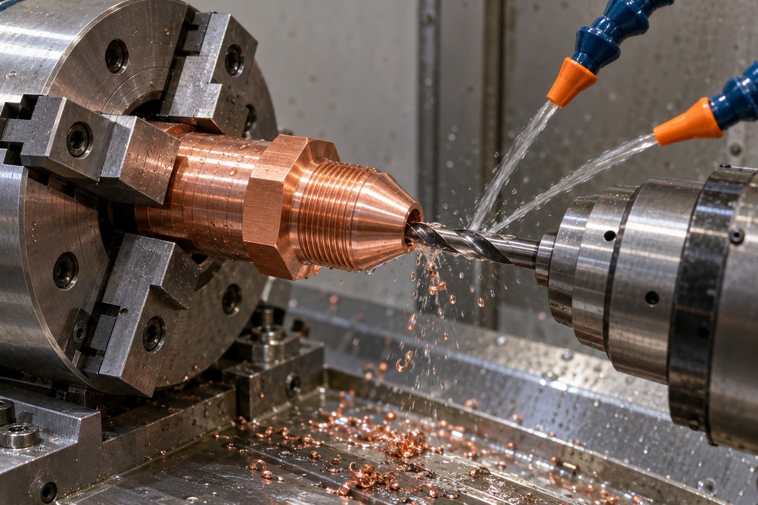 Technically plausible machining scene for salmon copper turned nozzle body with hexagonal shoulder and fine external thread — illustrative generated component concept