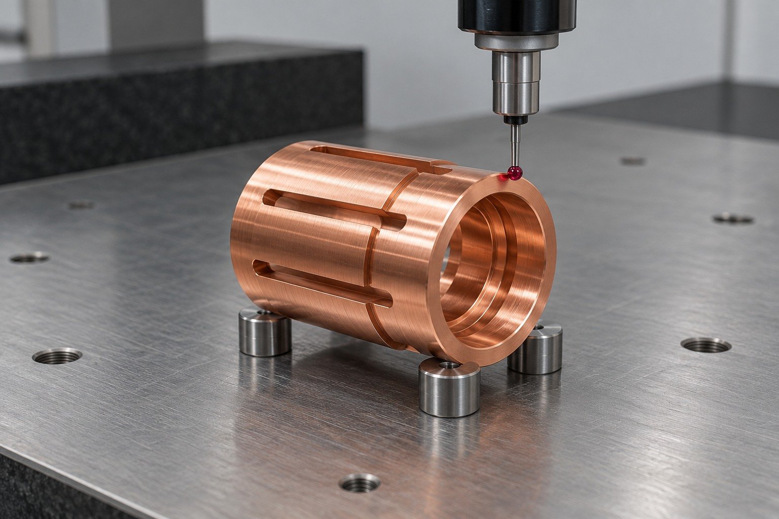 CMM dimensional inspection of warm pale copper machined slotted contact sleeve with stepped bore, no loose sharp leaf strips; a single physically connected red ruby stylus touching one accessible datum, supported on three distinct pads, no floating probes. — illustrative generated component concept