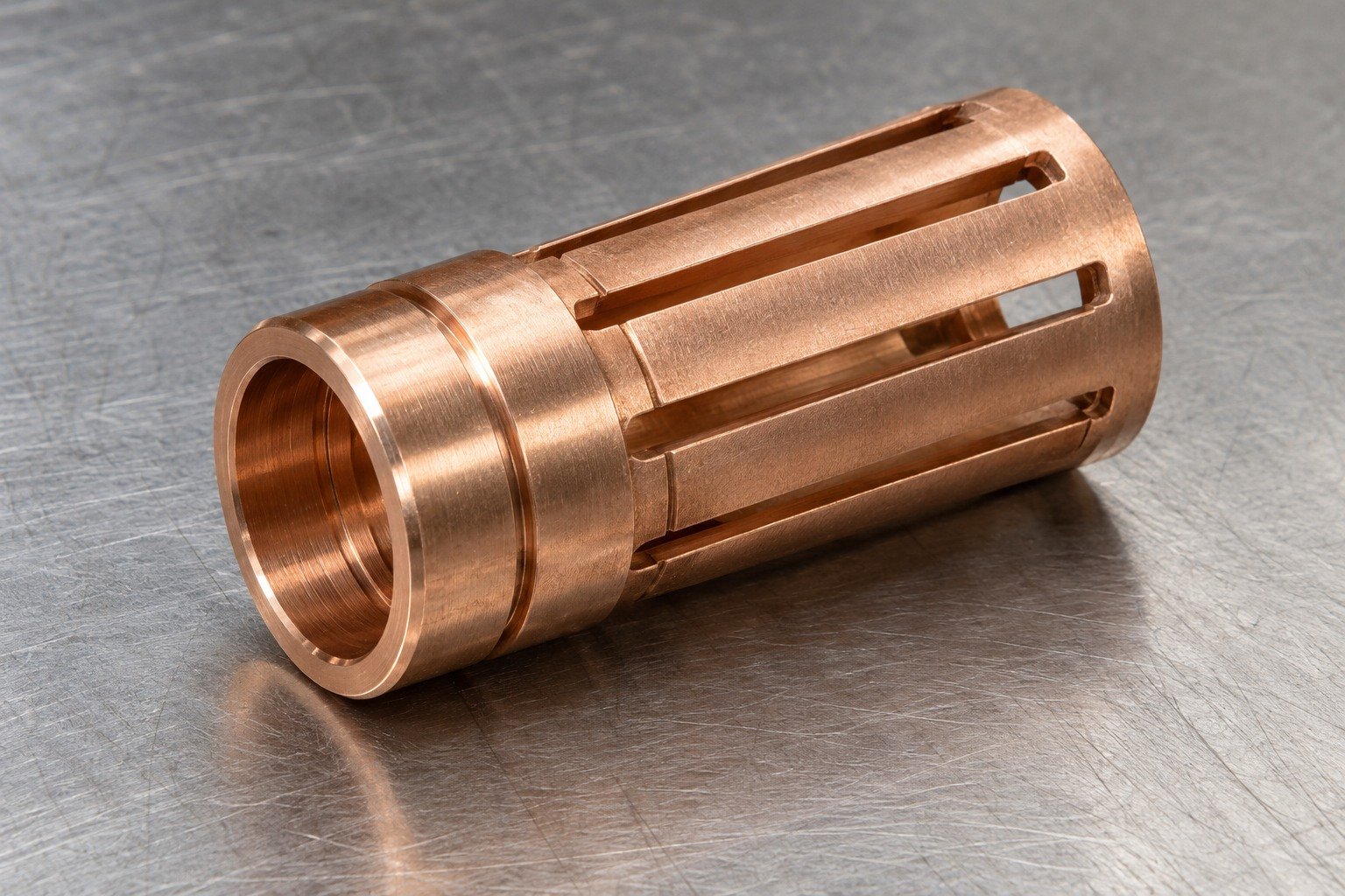 Studio industrial macro product photo of a single warm pale copper machined slotted contact sleeve with stepped bore, no loose sharp leaf strips — illustrative generated component concept