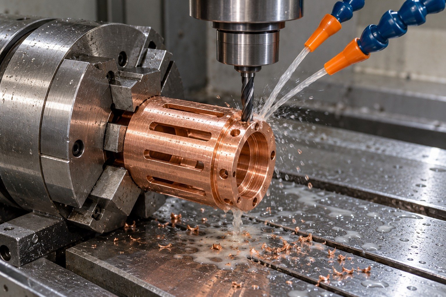 Technically plausible machining scene for warm pale copper machined slotted contact sleeve with stepped bore, no loose sharp leaf strips — illustrative generated component concept
