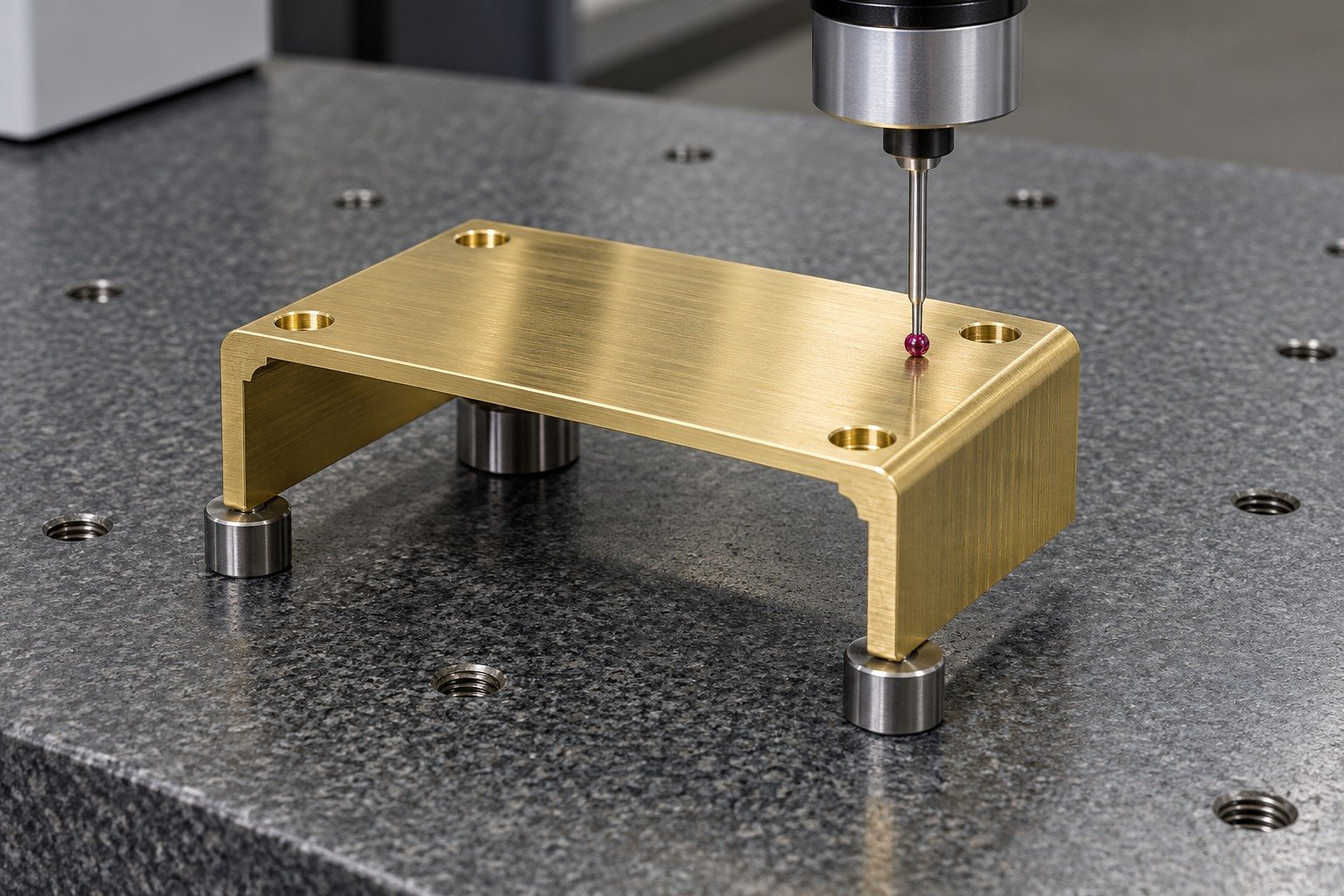 CMM dimensional inspection of yellow brass formed rectangular U-channel cover with corner reliefs and four mounting holes; a single physically connected red ruby stylus touching one accessible datum, supported on three distinct pads, no floating probes. — illustrative generated component concept