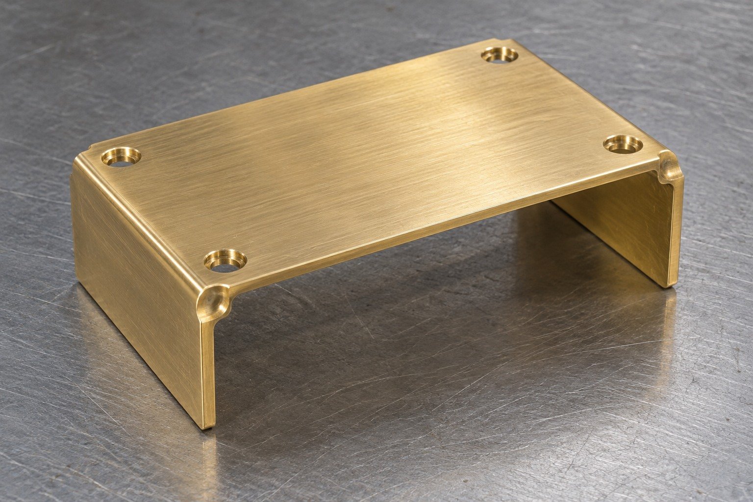 Studio industrial macro product photo of a single yellow brass formed rectangular U-channel cover with corner reliefs and four mounting holes — illustrative generated component concept