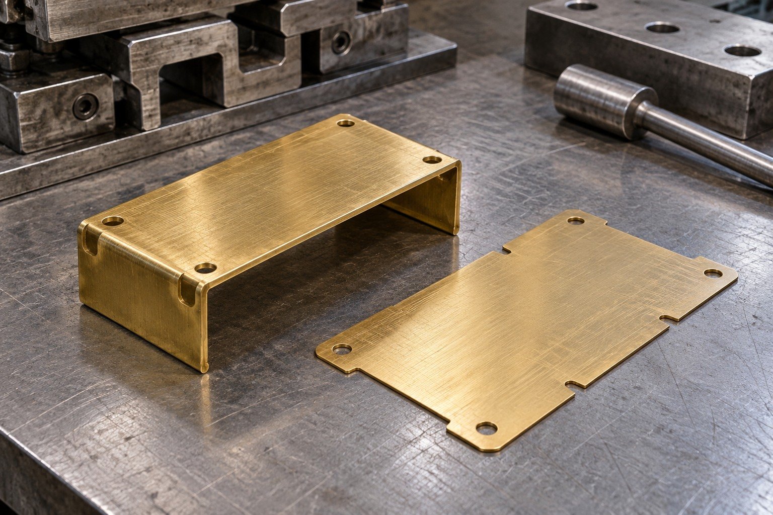 One yellow brass formed rectangular U-channel cover with corner reliefs and four mounting holes, with adjacent separate matching stock blank, different low-angle composition. — illustrative generated component concept