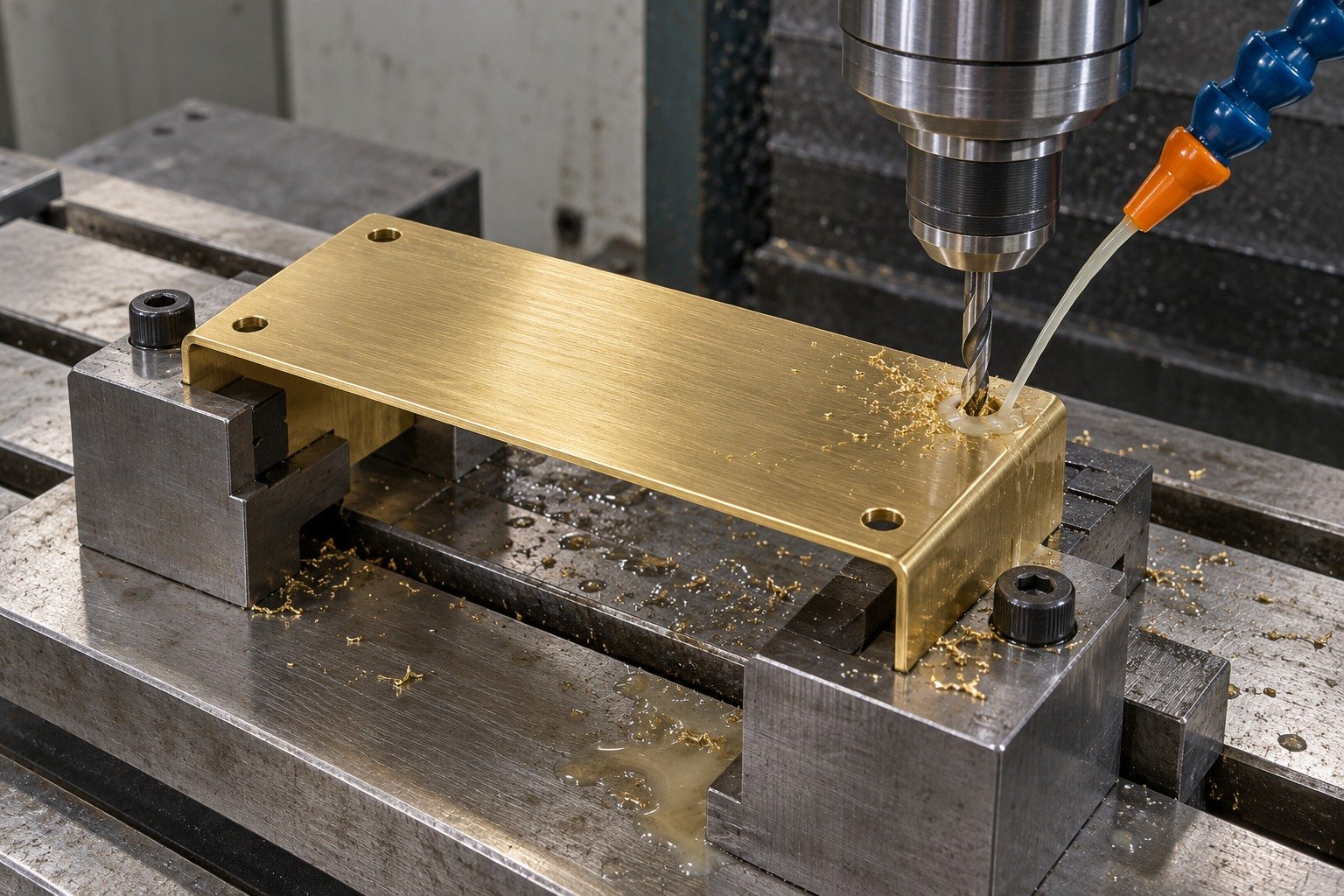 Technically plausible machining scene for yellow brass formed rectangular U-channel cover with corner reliefs and four mounting holes — illustrative generated component concept