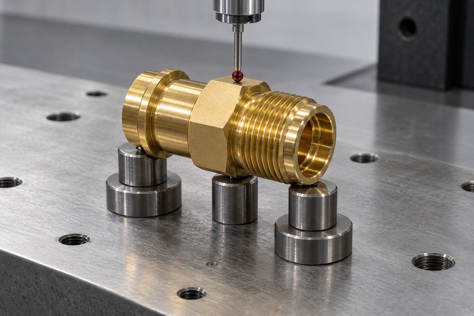 CMM dimensional inspection of yellow gold brass hexagonal threaded fitting with shoulder and stepped flow bore; a single physically connected red ruby stylus touching one accessible datum, supported on three distinct pads, no floating probes. — illustrative generated component concept