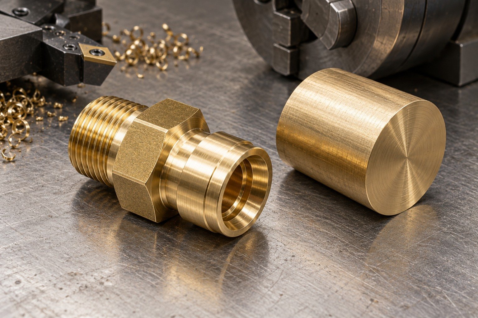 One yellow gold brass hexagonal threaded fitting with shoulder and stepped flow bore, with adjacent separate matching stock blank, different low-angle composition. — illustrative generated component concept