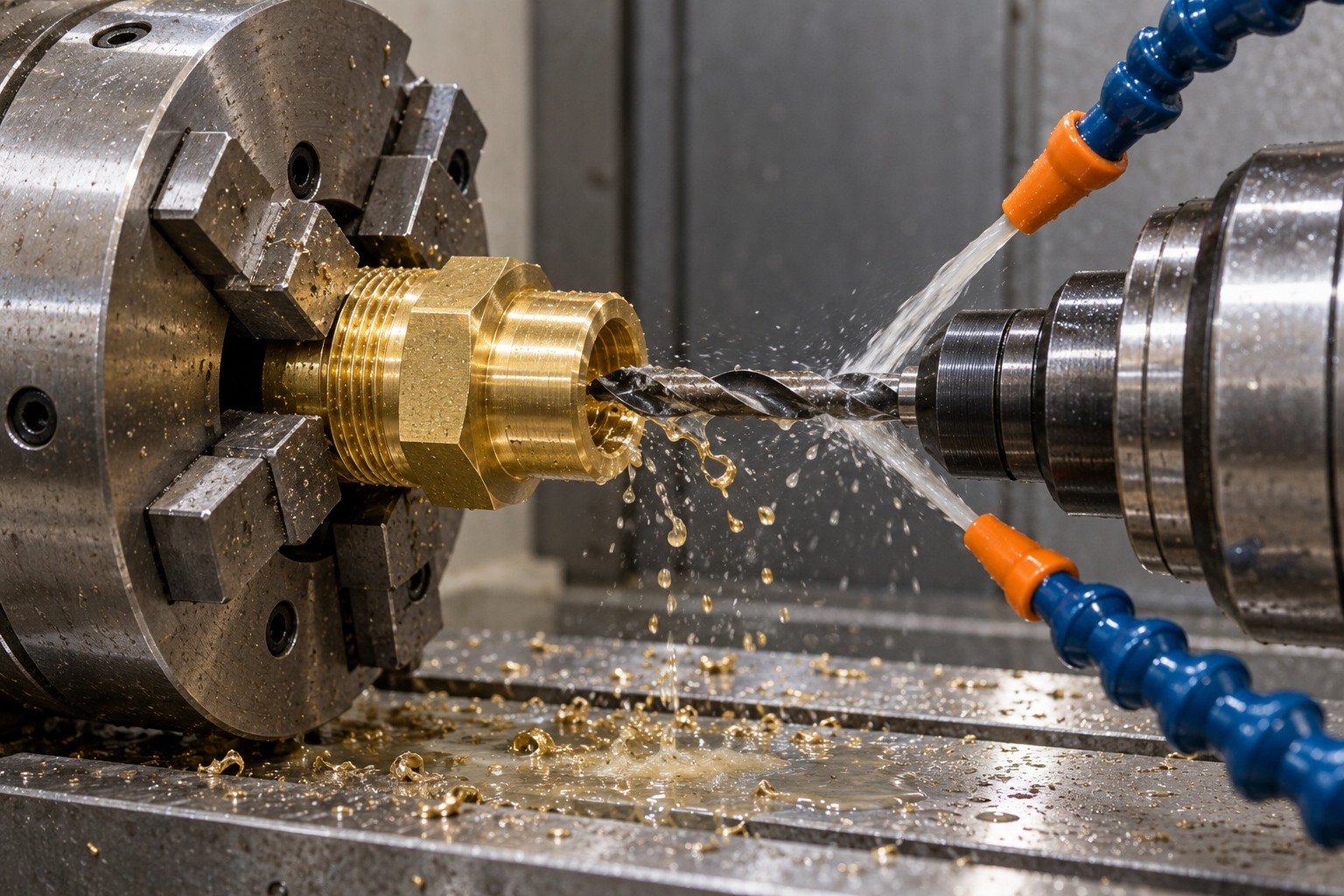 Technically plausible machining scene for yellow gold brass hexagonal threaded fitting with shoulder and stepped flow bore — illustrative generated component concept