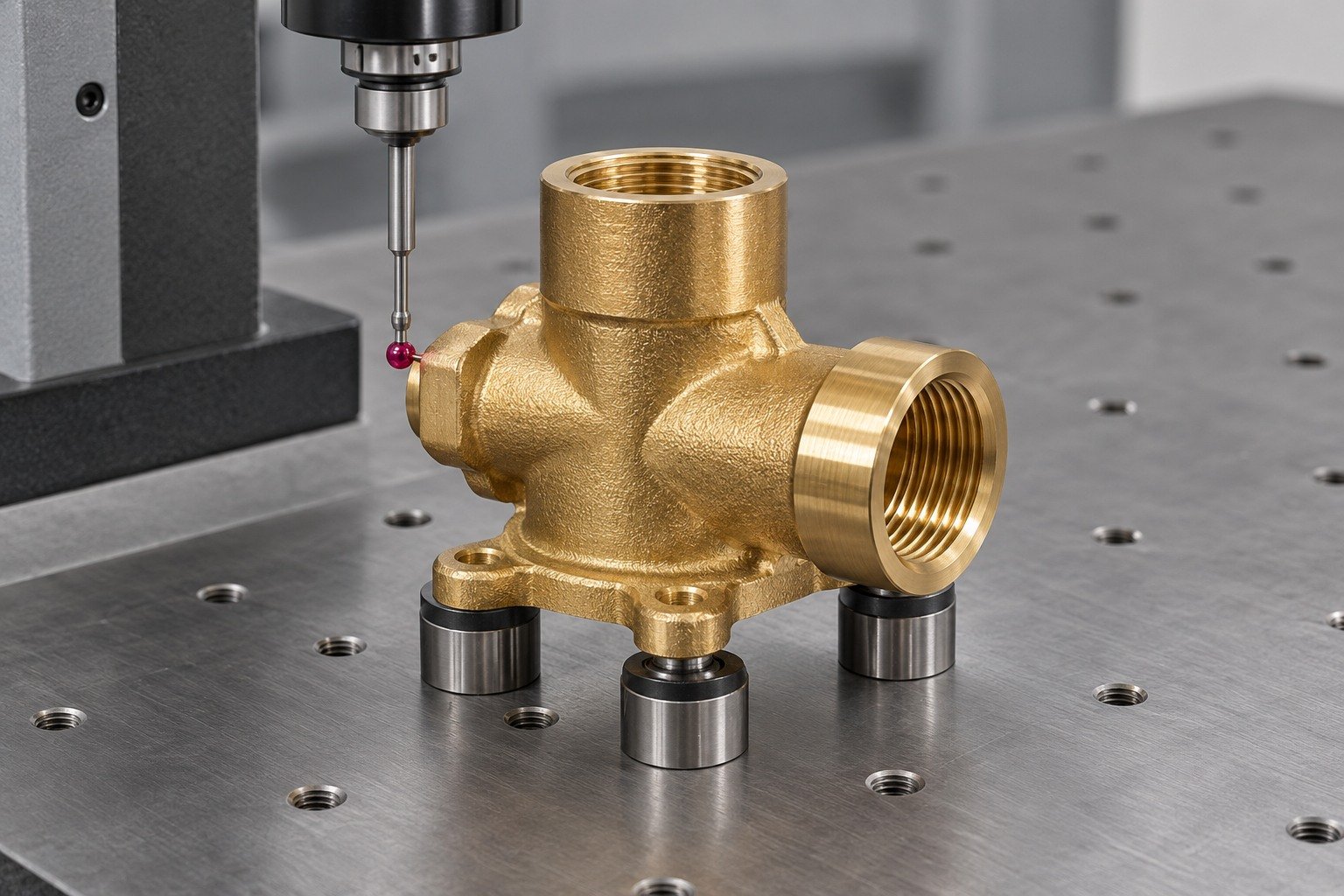 CMM dimensional inspection of gold brass forged-style compact elbow valve body with machined threaded ports; a single physically connected red ruby stylus touching one accessible datum, supported on three distinct pads, no floating probes. — illustrative generated component concept