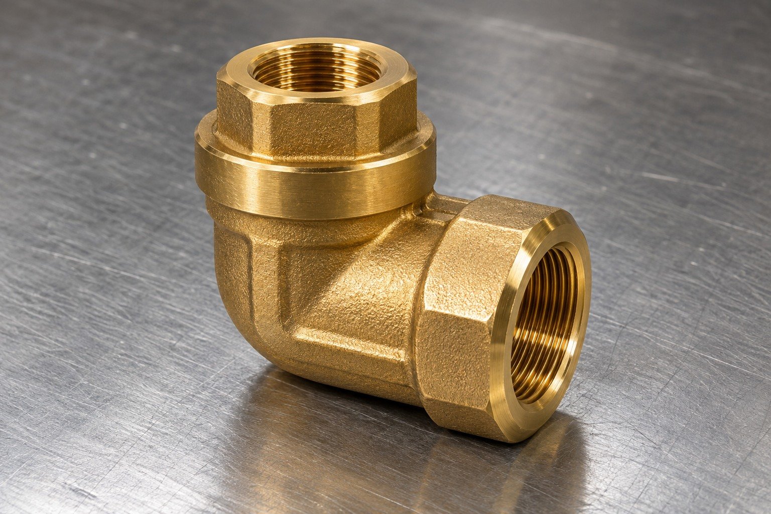 Studio industrial macro product photo of a single gold brass forged-style compact elbow valve body with machined threaded ports — illustrative generated component concept