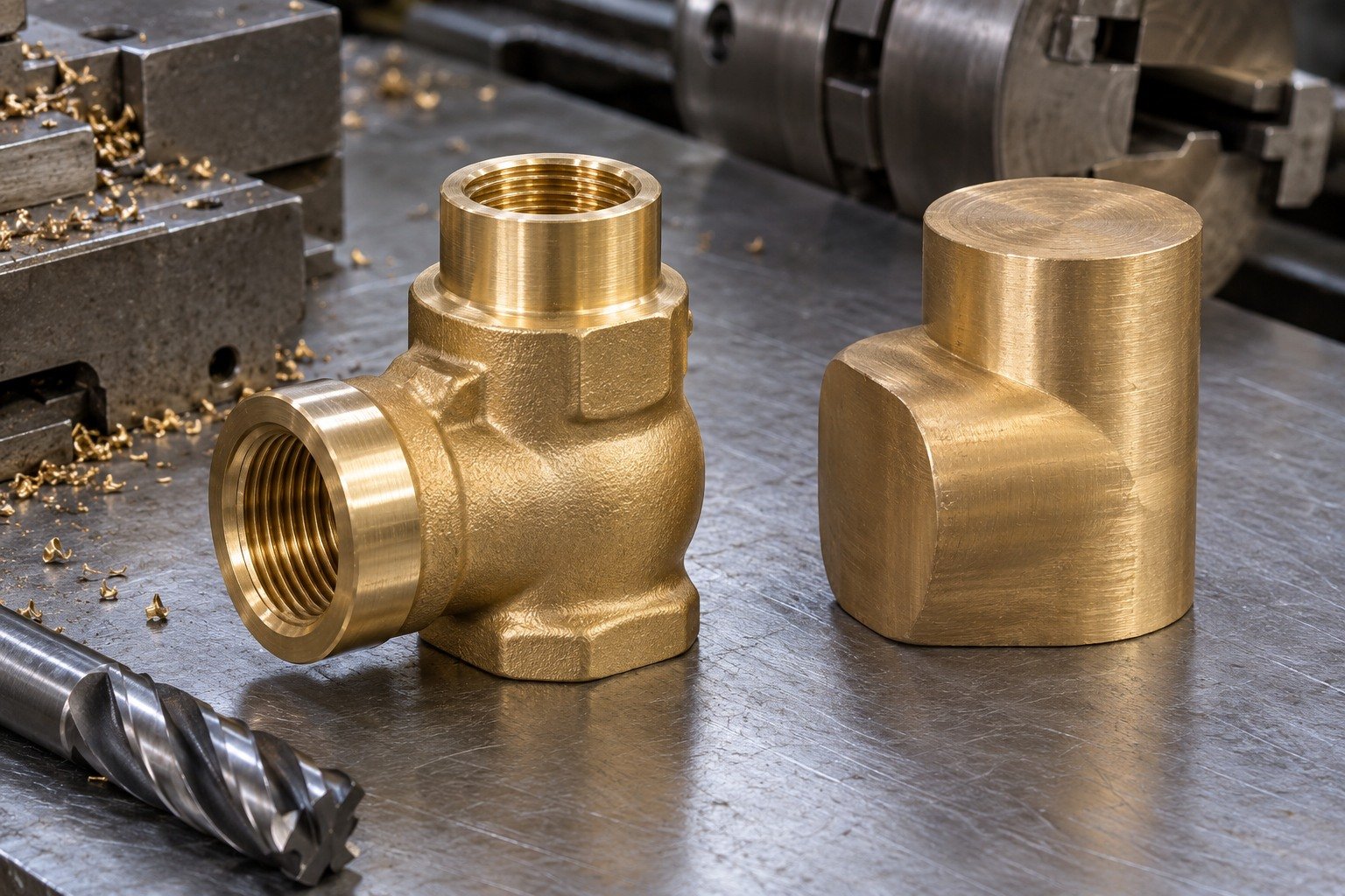 One gold brass forged-style compact elbow valve body with machined threaded ports, with adjacent separate matching stock blank, different low-angle composition. — illustrative generated component concept