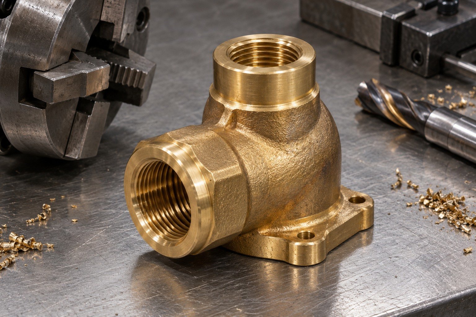 Surface and edge-detail macro of gold brass forged-style compact elbow valve body with machined threaded ports; visible sealing land or rounded functional edge, natural fine tool marks and realistic subtle discoloration, no labels. — illustrative generated component concept