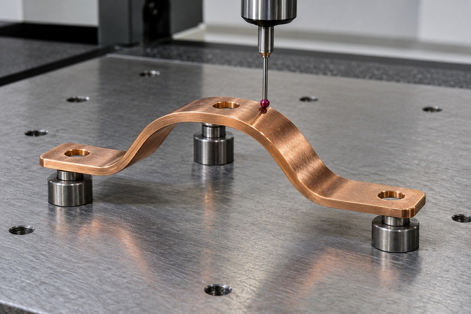CMM dimensional inspection of reddish bronze formed curved contact strip with pierced mounting holes and rounded formed edges; a single physically connected red ruby stylus touching one accessible datum, supported on three distinct pads, no floating probes. — illustrative generated component concept