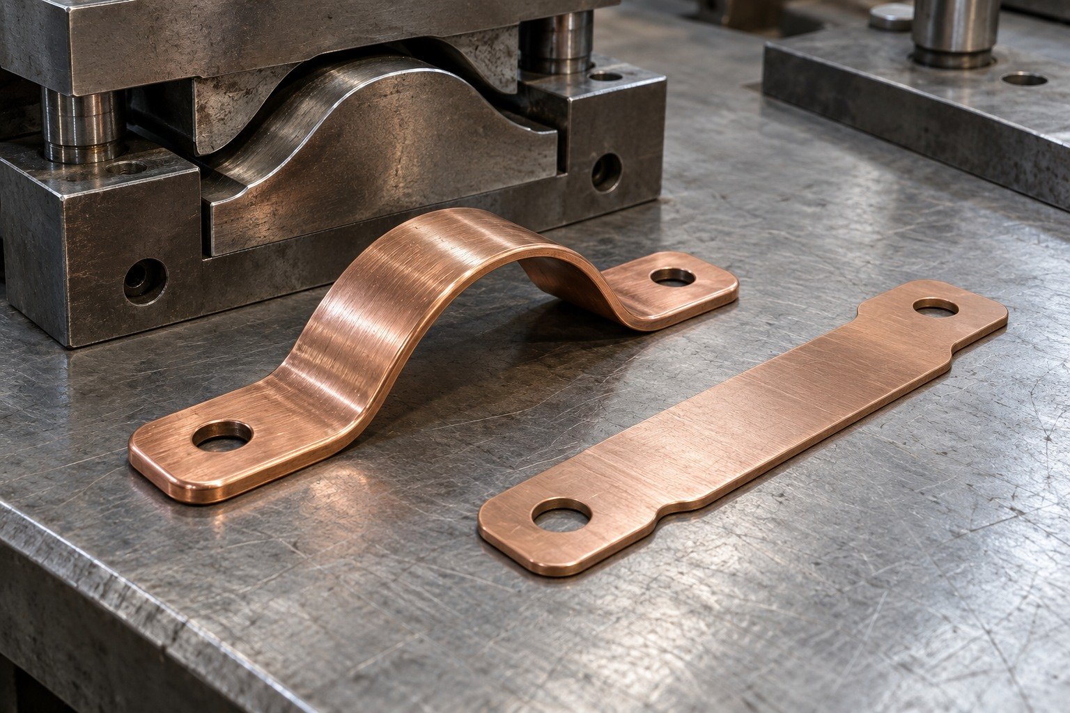 One reddish bronze formed curved contact strip with pierced mounting holes and rounded formed edges, with adjacent separate matching stock blank, different low-angle composition. — illustrative generated component concept