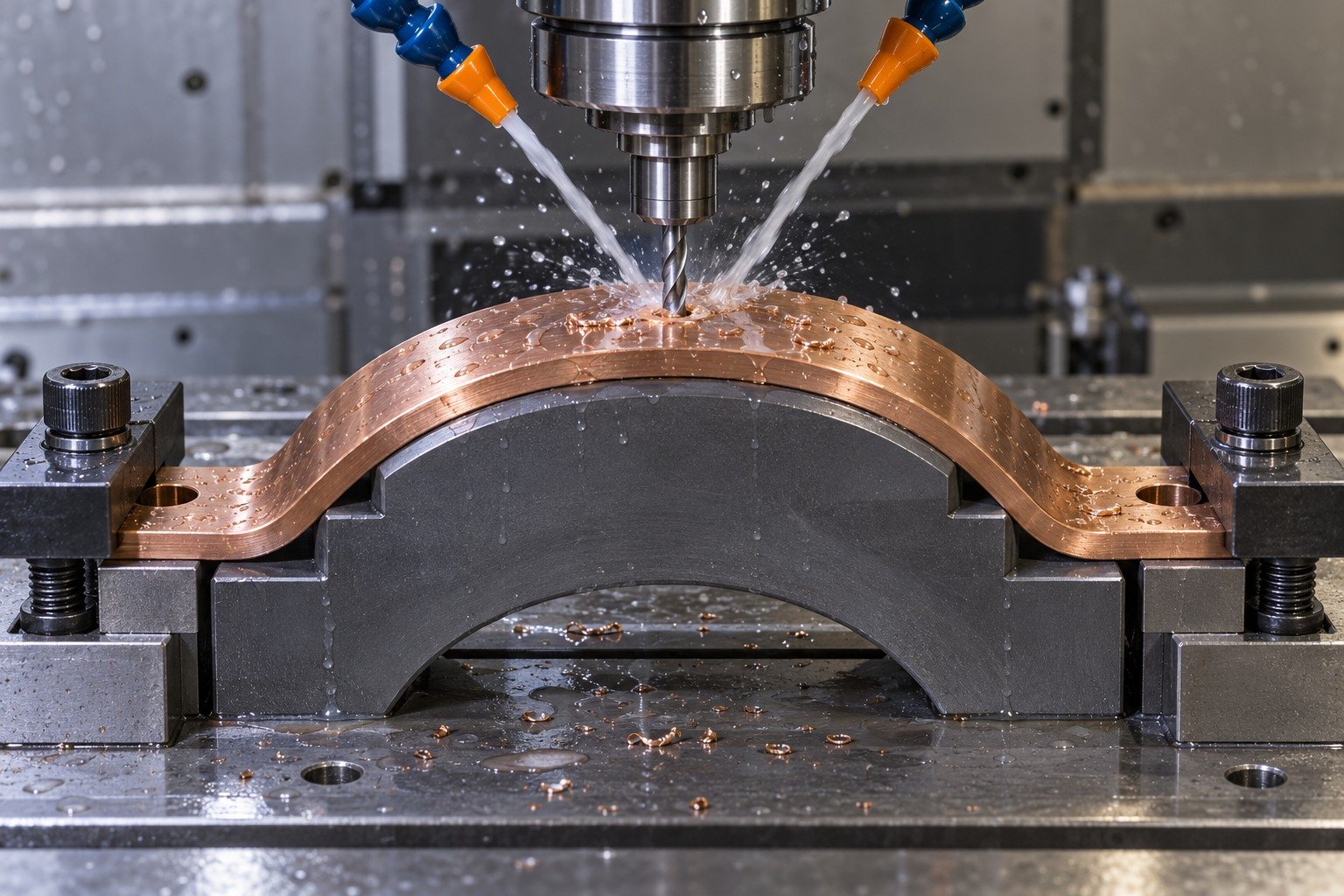 Technically plausible machining scene for reddish bronze formed curved contact strip with pierced mounting holes and rounded formed edges — illustrative generated component concept