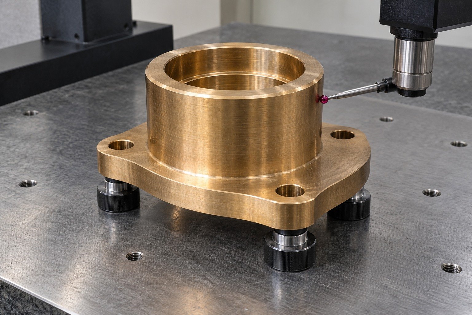 CMM dimensional inspection of gold brown nickel aluminum bronze thick short cylindrical carrier with offset flange and four radial mounting holes; a single physically connected red ruby stylus touching one accessible datum, supported on three distinct pads, no floating probes. — illustrative generated component concept