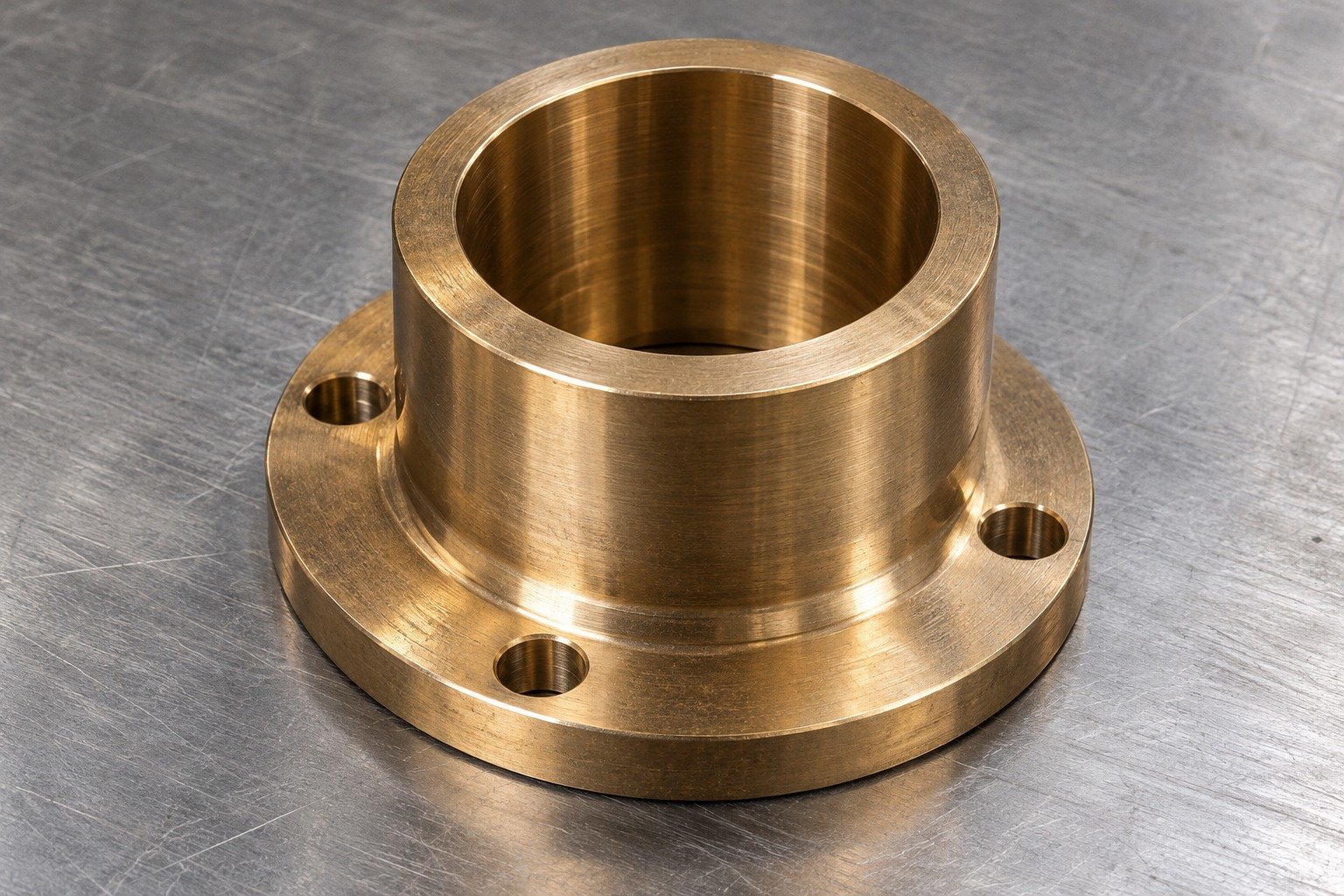 Studio industrial macro product photo of a single gold brown nickel aluminum bronze thick short cylindrical carrier with offset flange and four radial mounting holes — illustrative generated component concept