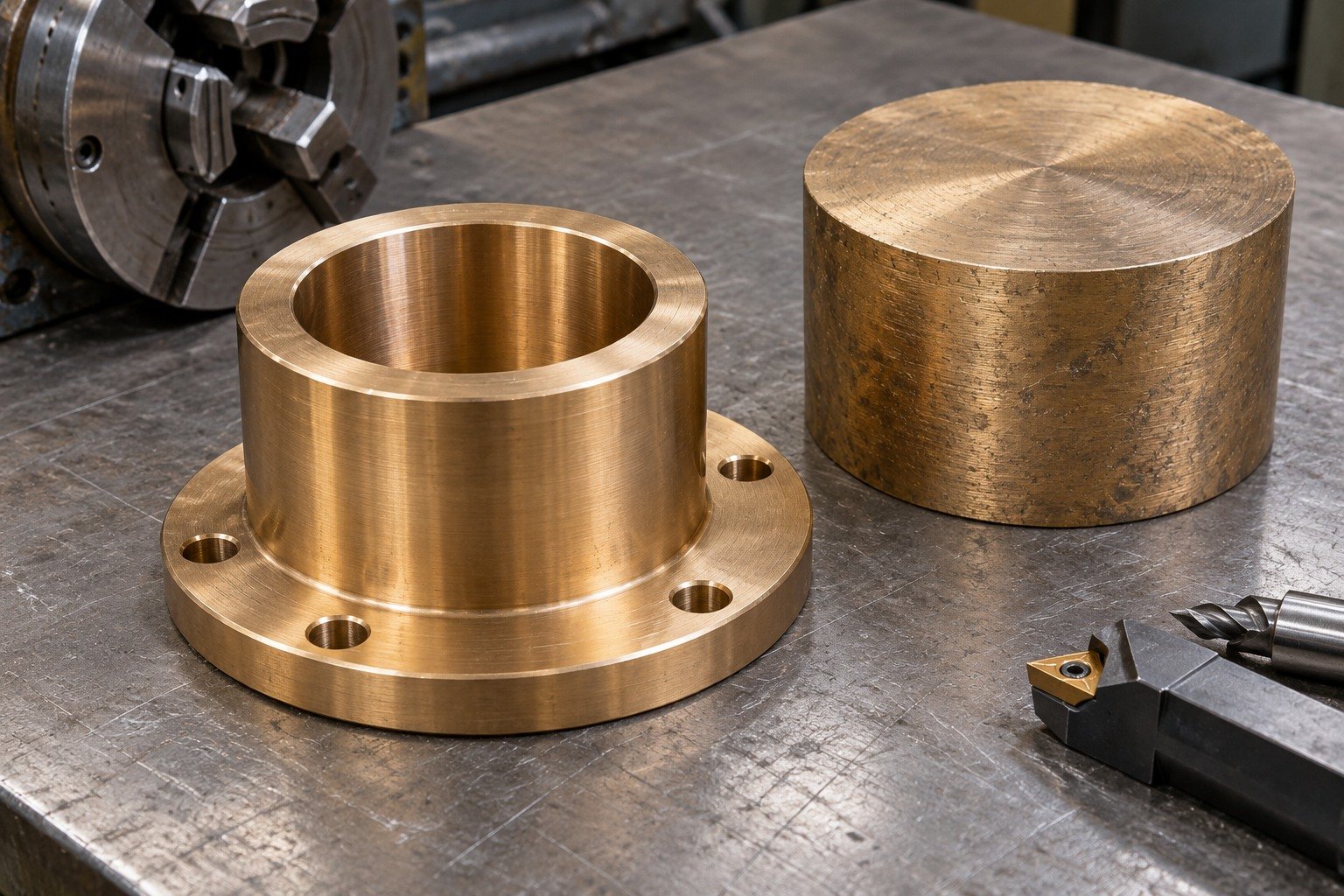 One gold brown nickel aluminum bronze thick short cylindrical carrier with offset flange and four radial mounting holes, with adjacent separate matching stock blank, different low-angle composition. — illustrative generated component concept