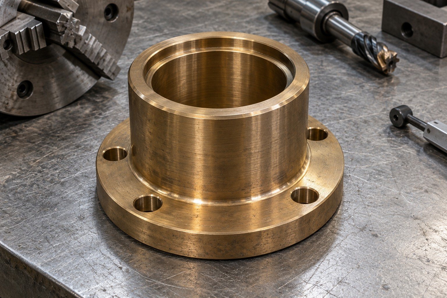 Surface and edge-detail macro of gold brown nickel aluminum bronze thick short cylindrical carrier with offset flange and four radial mounting holes; visible sealing land or rounded functional edge, natural fine tool marks and realistic subtle discoloration, no labels. — illustrative generated component concept
