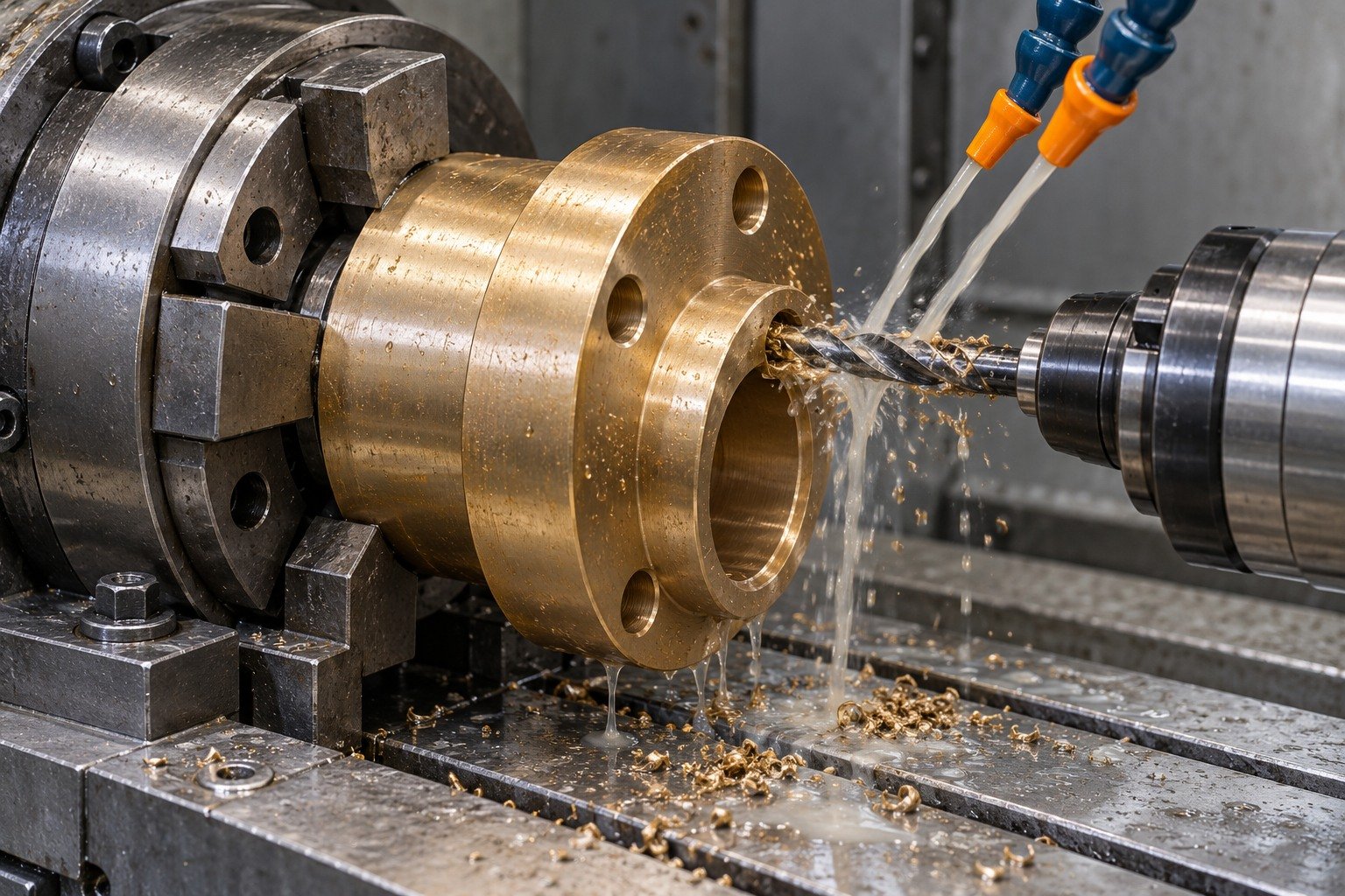 Technically plausible machining scene for gold brown nickel aluminum bronze thick short cylindrical carrier with offset flange and four radial mounting holes — illustrative generated component concept