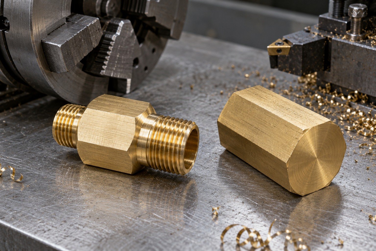One yellow brass short octagonal threaded adapter with two different diameter port ends, with adjacent separate matching stock blank, different low-angle composition. — illustrative generated component concept