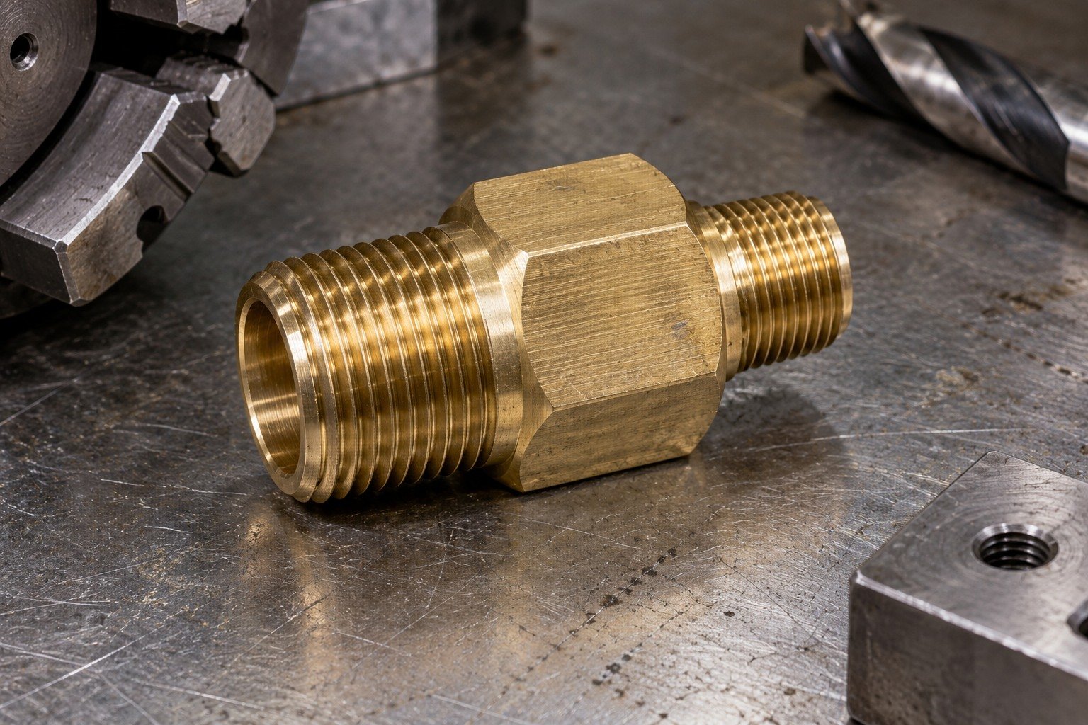 Surface and edge-detail macro of yellow brass short octagonal threaded adapter with two different diameter port ends; visible sealing land or rounded functional edge, natural fine tool marks and realistic subtle discoloration, no labels. — illustrative generated component concept
