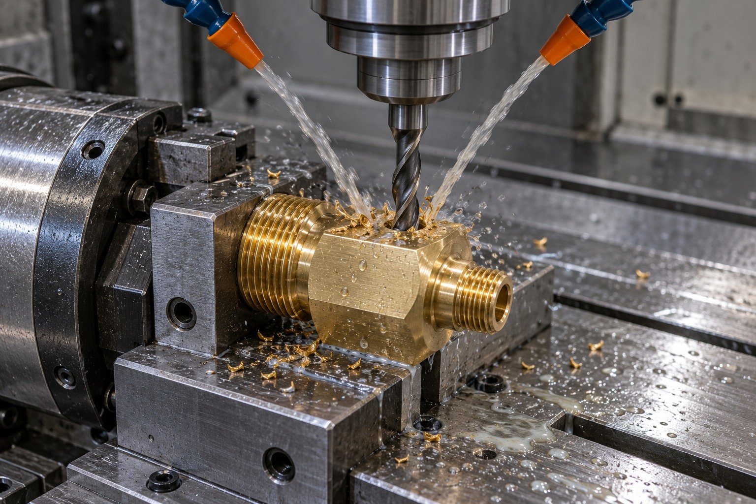 Technically plausible machining scene for yellow brass short octagonal threaded adapter with two different diameter port ends — illustrative generated component concept