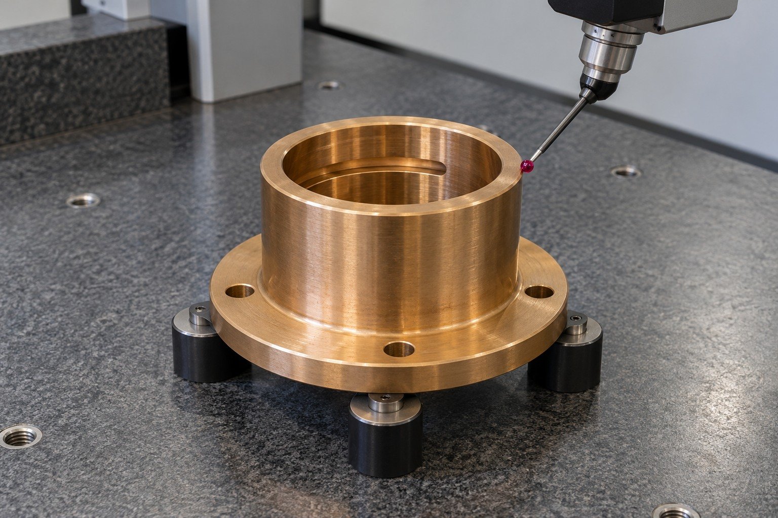 CMM dimensional inspection of warm brown bronze thick flanged bearing bushing with visible internal lubrication groove; a single physically connected red ruby stylus touching one accessible datum, supported on three distinct pads, no floating probes. — illustrative generated component concept