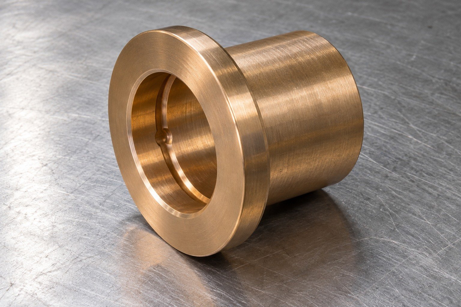 Studio industrial macro product photo of a single warm brown bronze thick flanged bearing bushing with visible internal lubrication groove — illustrative generated component concept