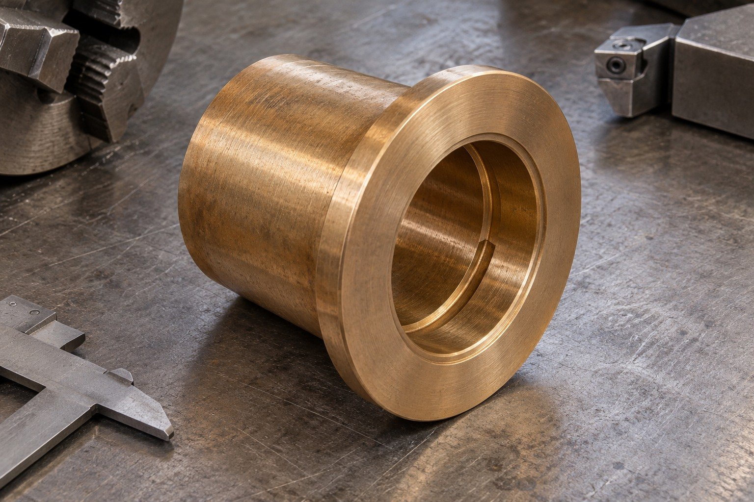 Surface and edge-detail macro of warm brown bronze thick flanged bearing bushing with visible internal lubrication groove; visible sealing land or rounded functional edge, natural fine tool marks and realistic subtle discoloration, no labels. — illustrative generated component concept