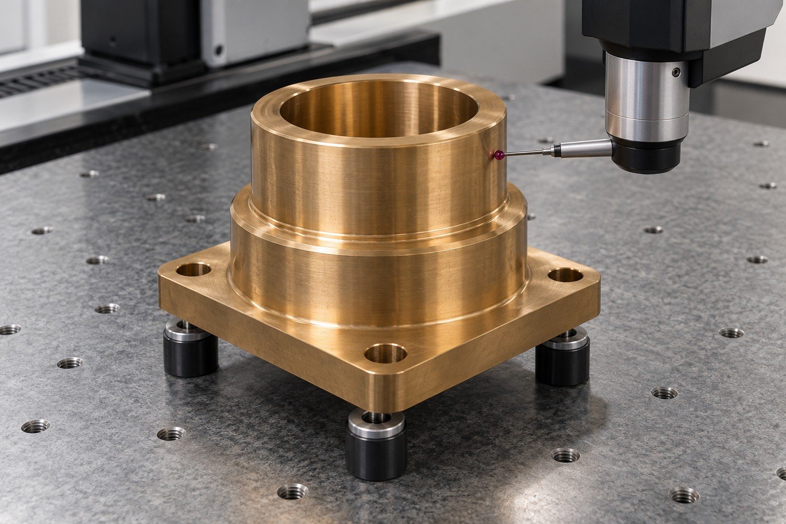 CMM dimensional inspection of golden brown aluminum bronze heavy stepped bearing sleeve with four-hole rectangular mounting flange; a single physically connected red ruby stylus touching one accessible datum, supported on three distinct pads, no floating probes. — illustrative generated component concept